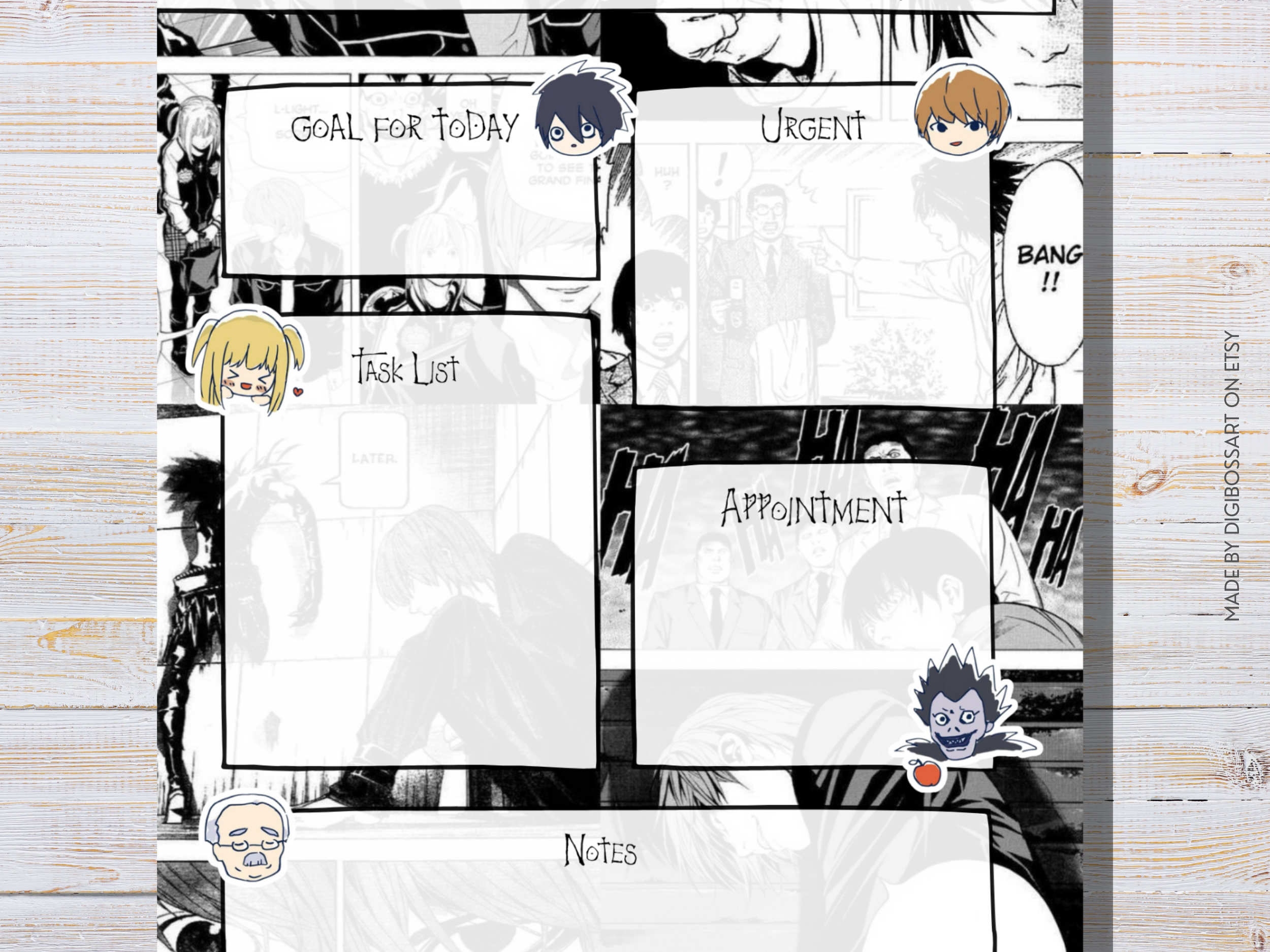 Otaku inspired daily planner printable with black and white manga collage background for productivity planning