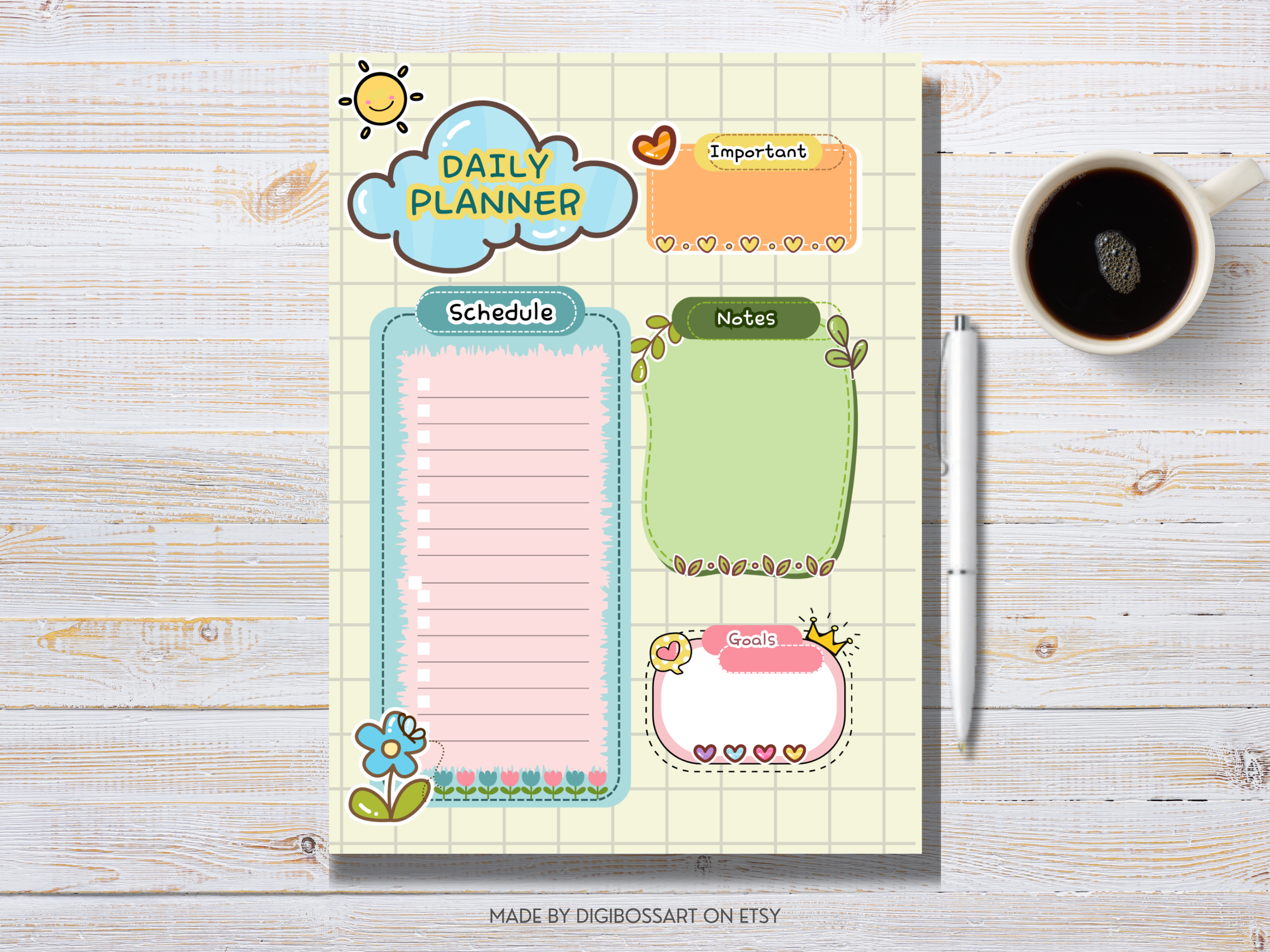 Printed version of kawaii minimal daily planner on US Letter paper, clean layout for handwriting