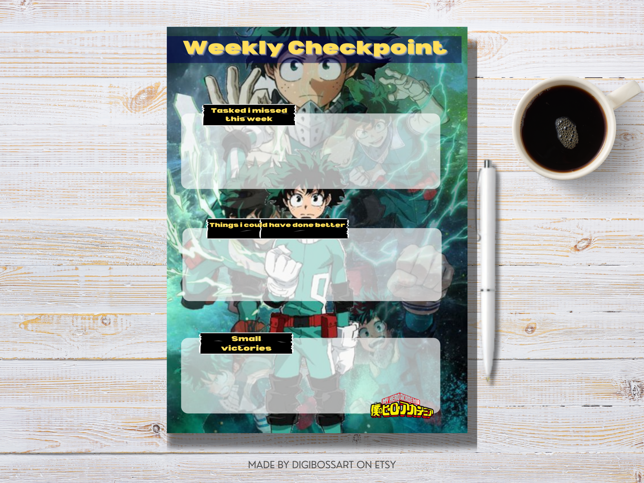 Flat lay of My Hero Academia digital planner on tablet surrounded by pens and stationery, showing anime-inspired design and planning pages.