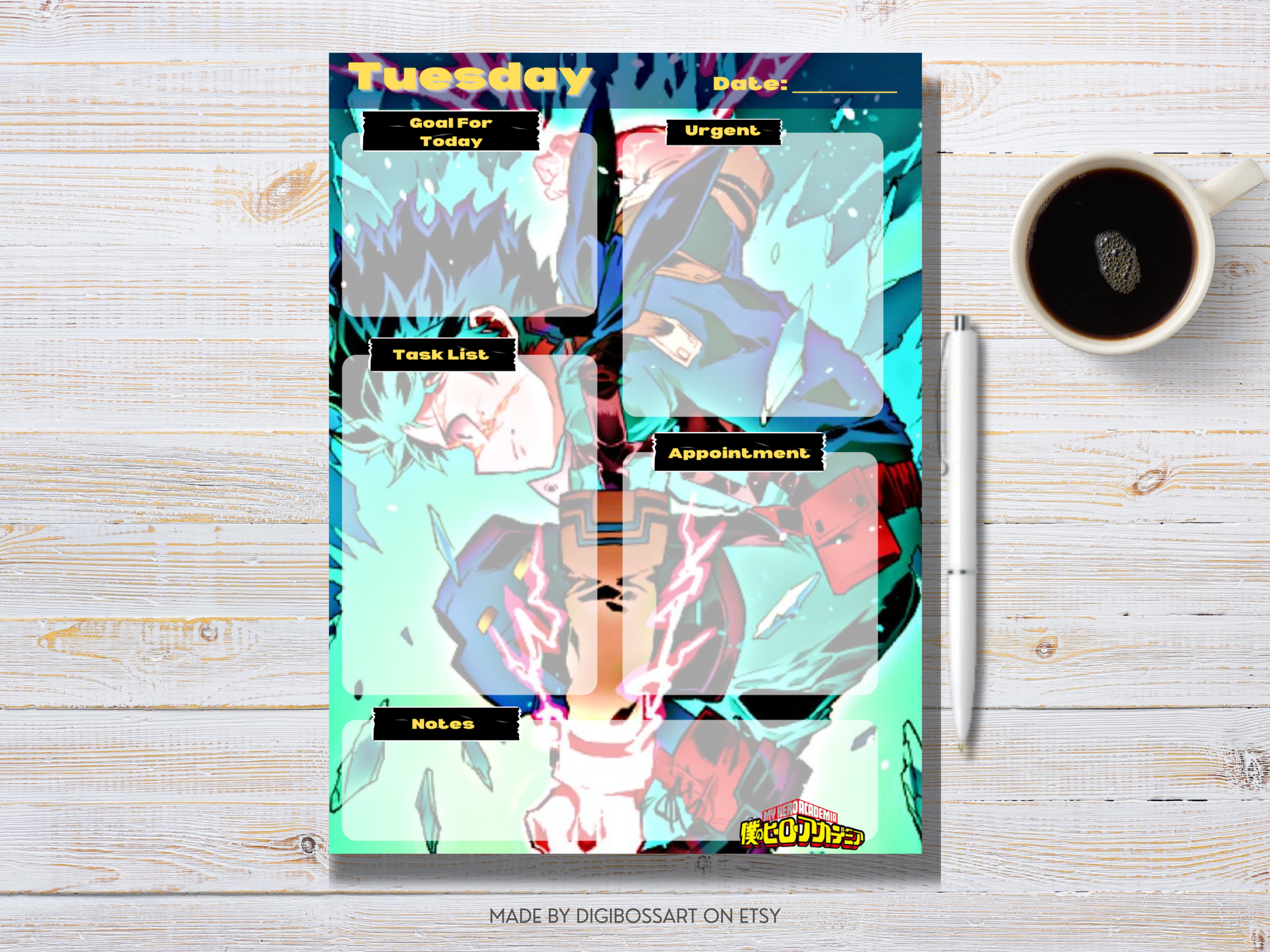 Close-up of My Hero Academia digital planner daily page featuring colorful anime illustrations and organized schedule sections.