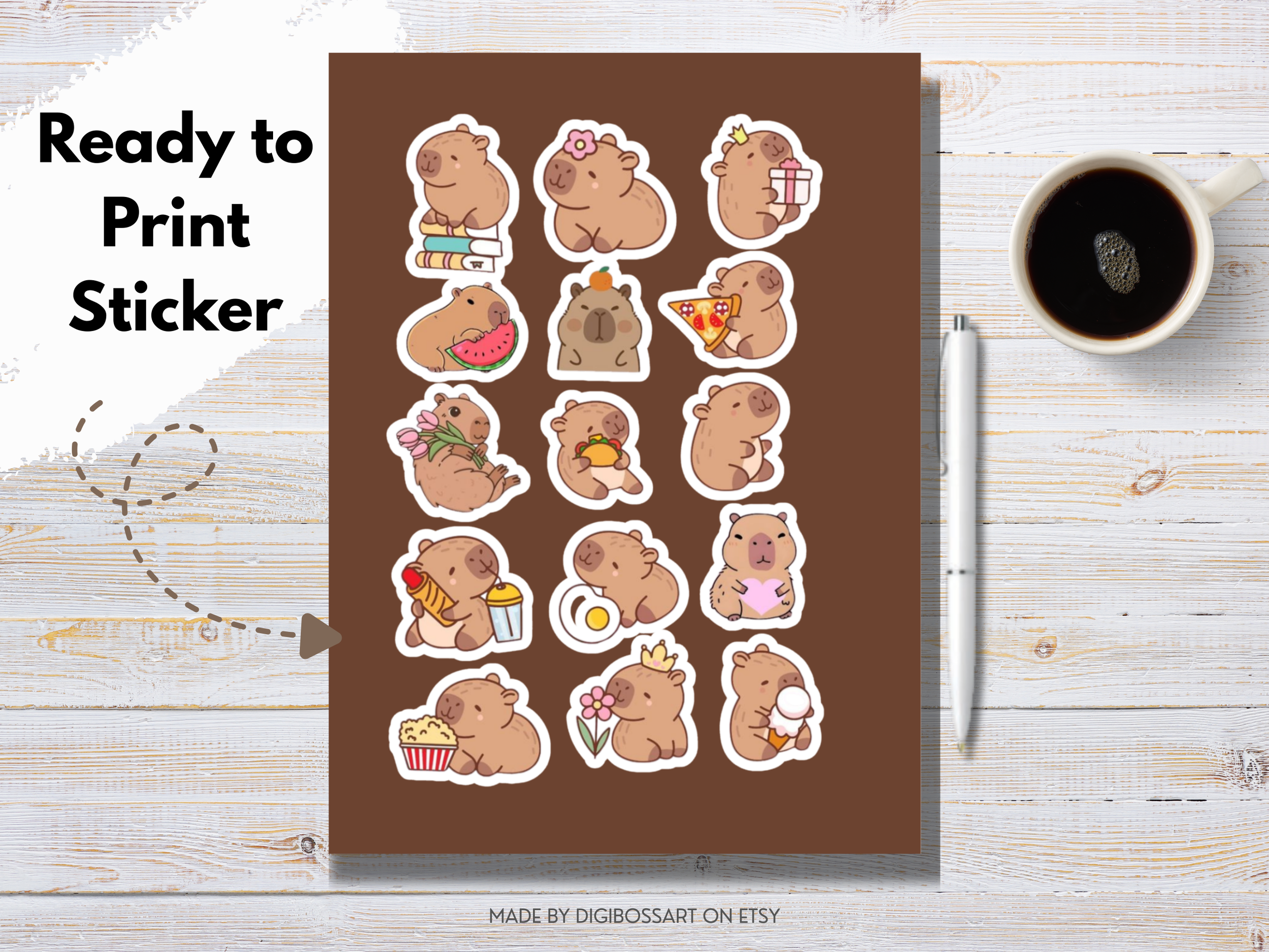 Capybara planner stickers arranged on a printable sticker sheet
