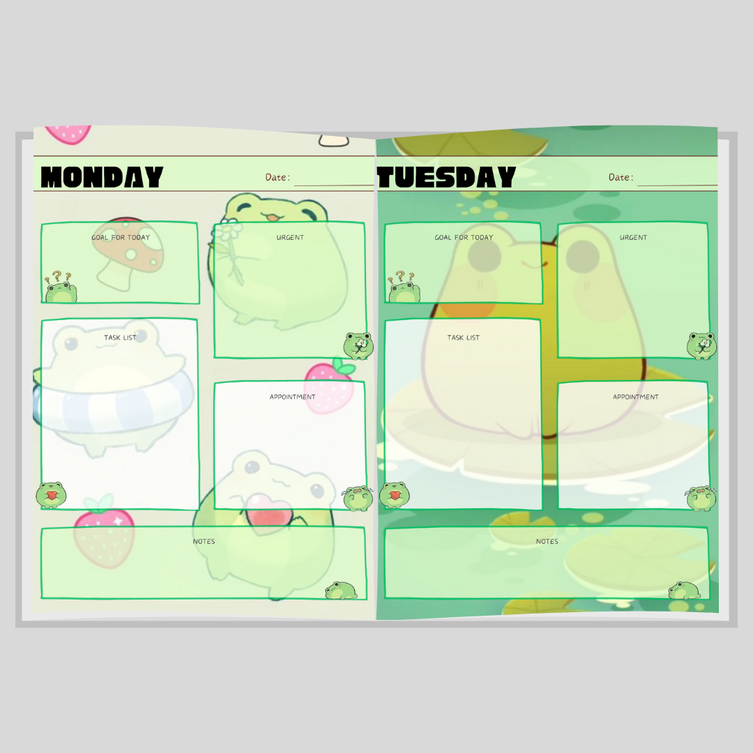 Cute frog-themed productivity planner for digital use.