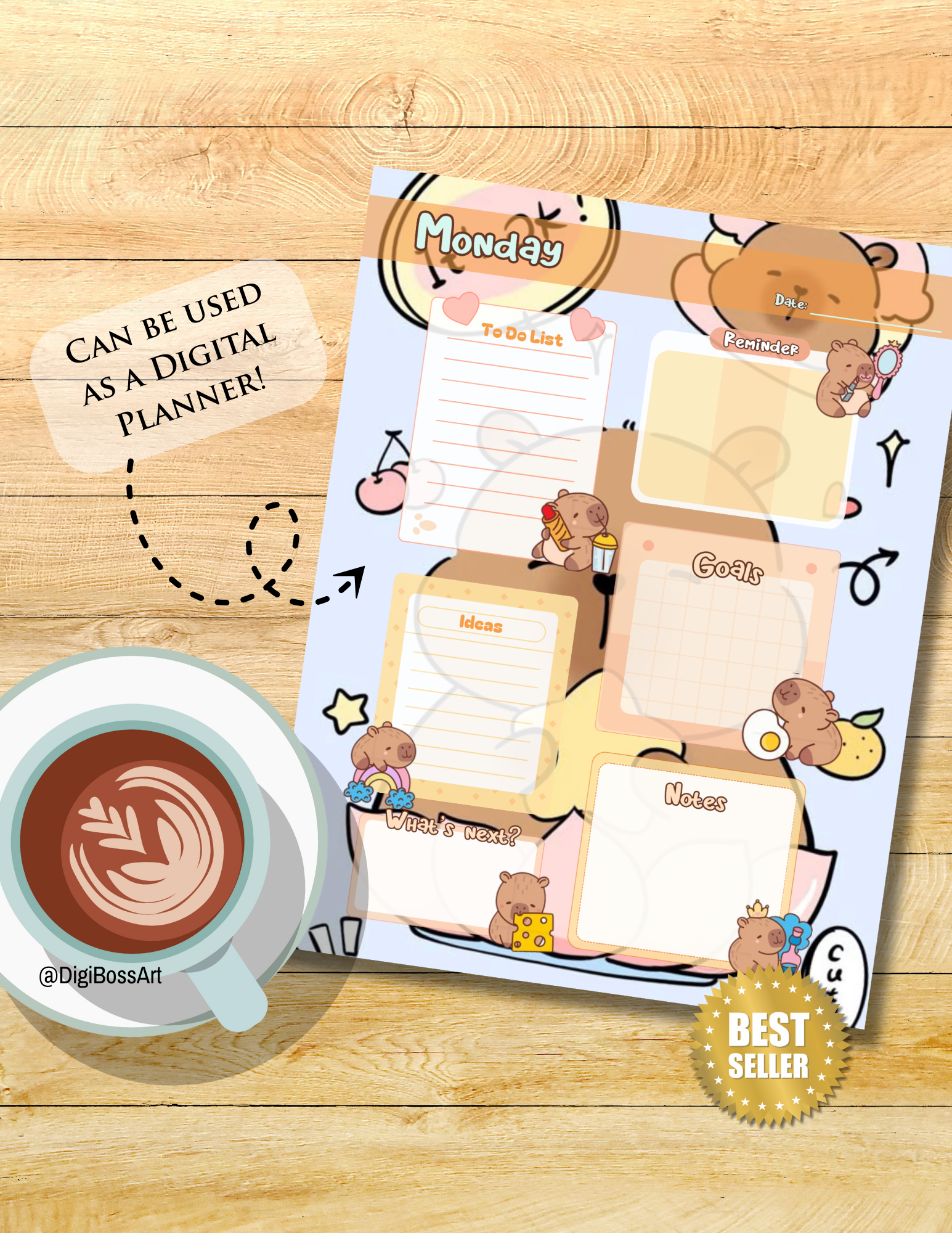 Printable daily planner PDF with capybara-inspired designs