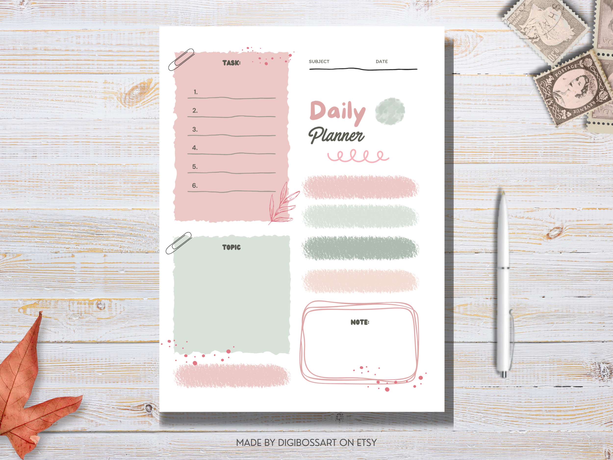 Printable undated daily planner in soft pastel colors, minimal design with sections for tasks, notes, and priorities, shown as a PDF mockup on an 8.5x11 page.