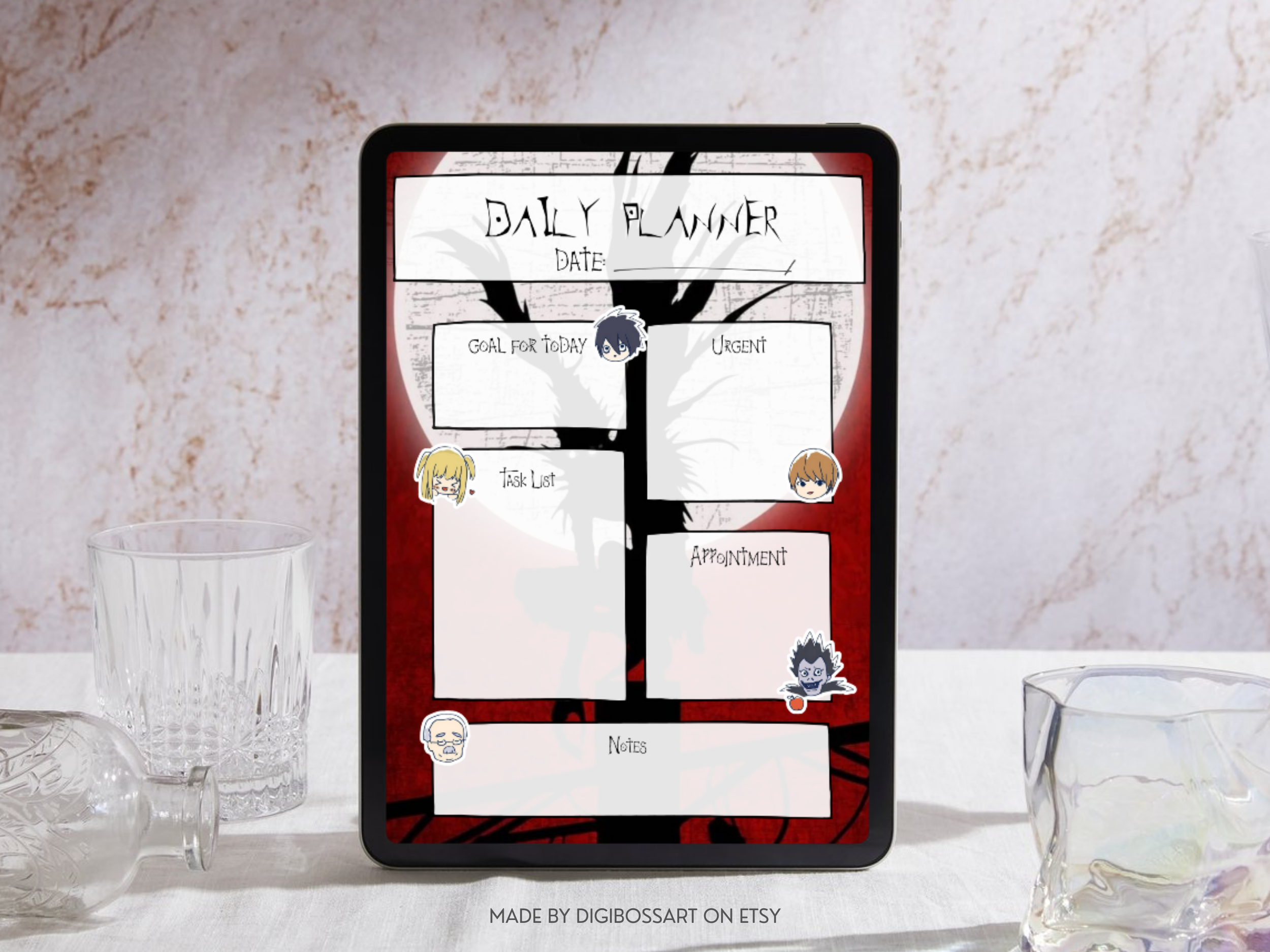 Notes of Death anime daily planner printable PDF with red moon tree background and task, urgent, appointment and notes sections