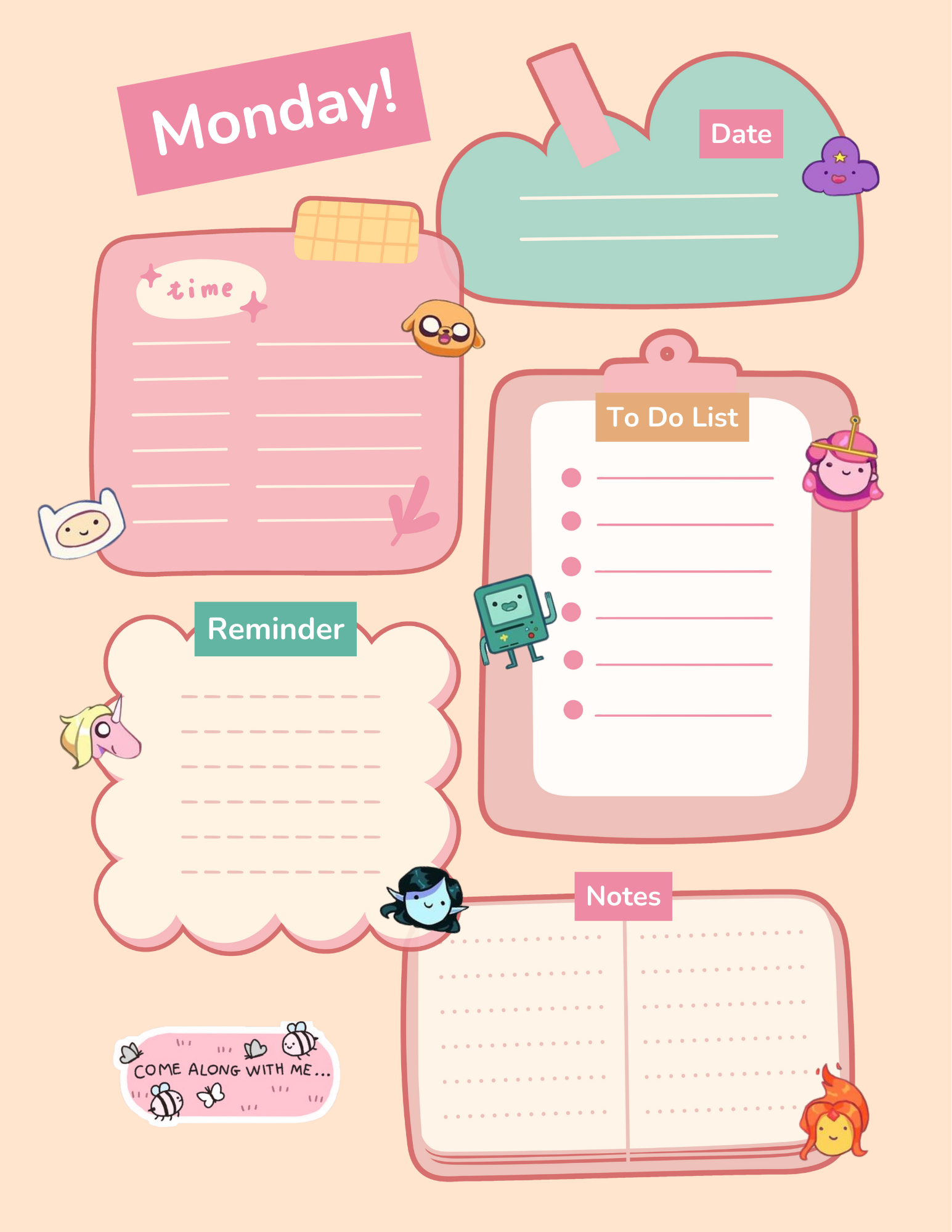 Undated daily planner PDF with motivational “It’s Time For Adventure” design for productivity