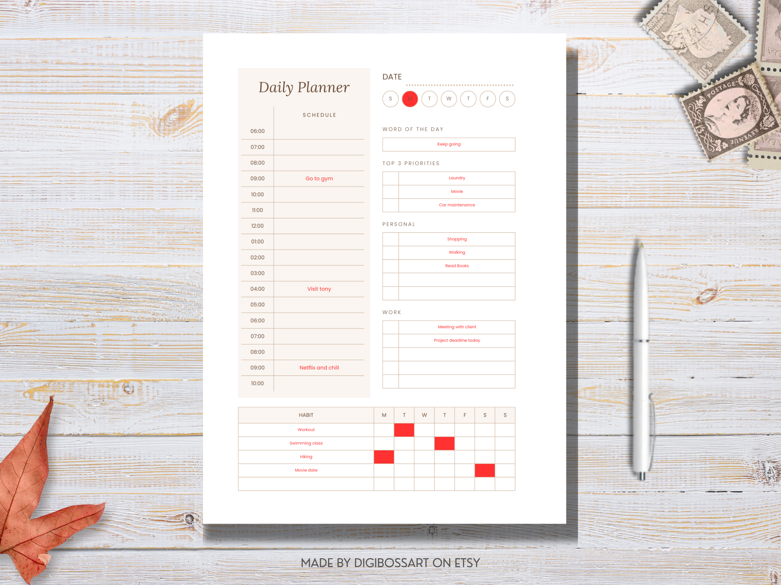 Minimal daily planner layout in beige tones for printable and digital use