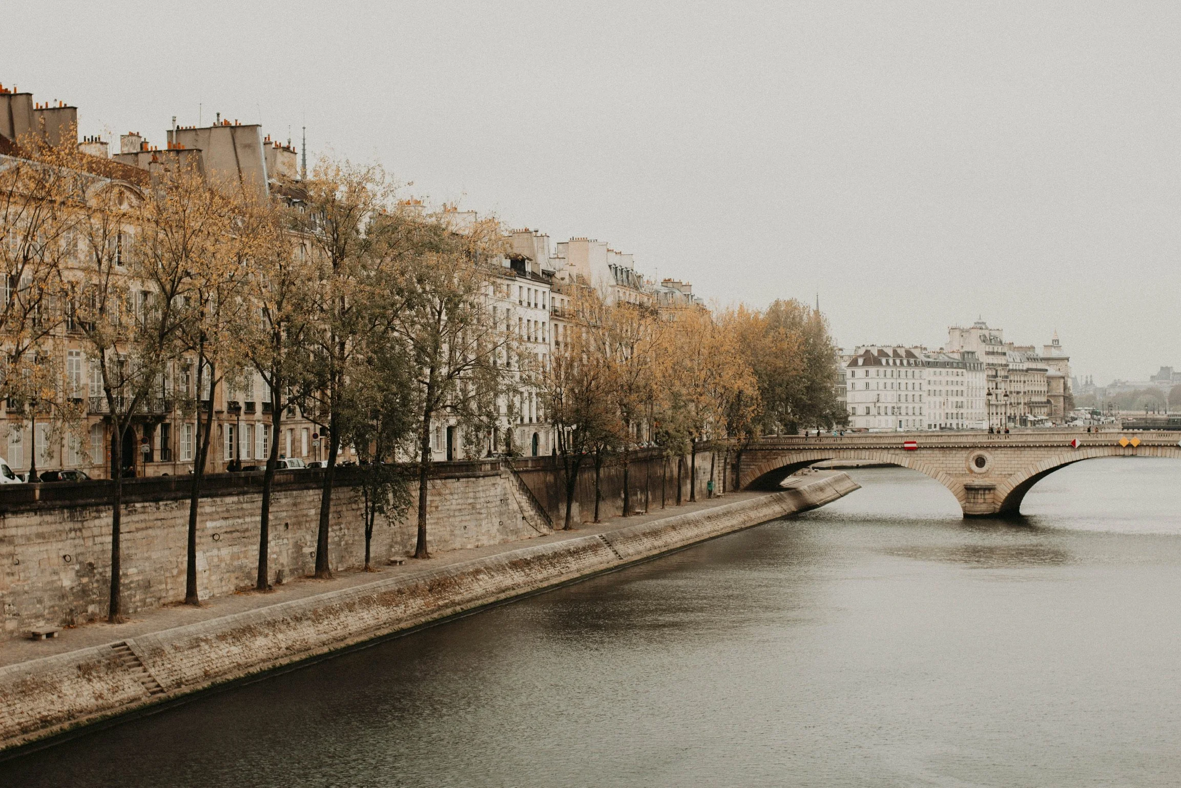 View of a river with a stone bridge, lined with trees and classic European buildings in the background, overcast sky.