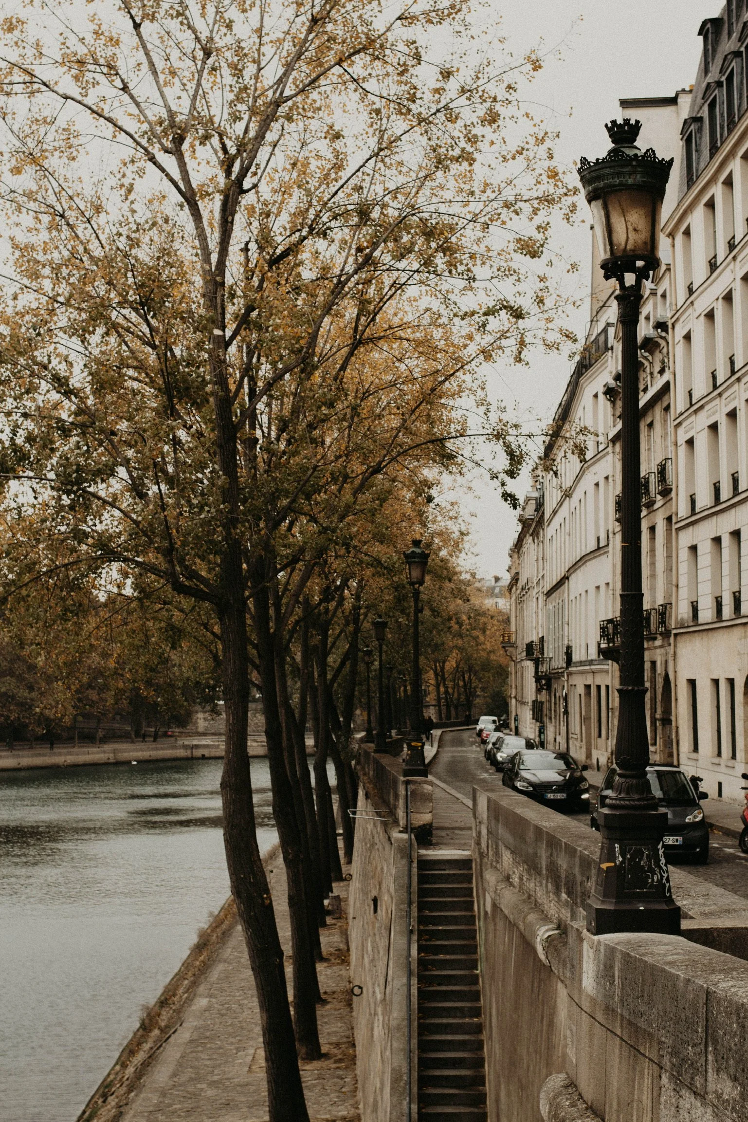 Street view of a European city, possibly Paris, with a river on the left and a row of white buildings with black balconies on the right. Tall street lamps line the sidewalk, and trees with autumn-colored leaves are adjacent to the river.