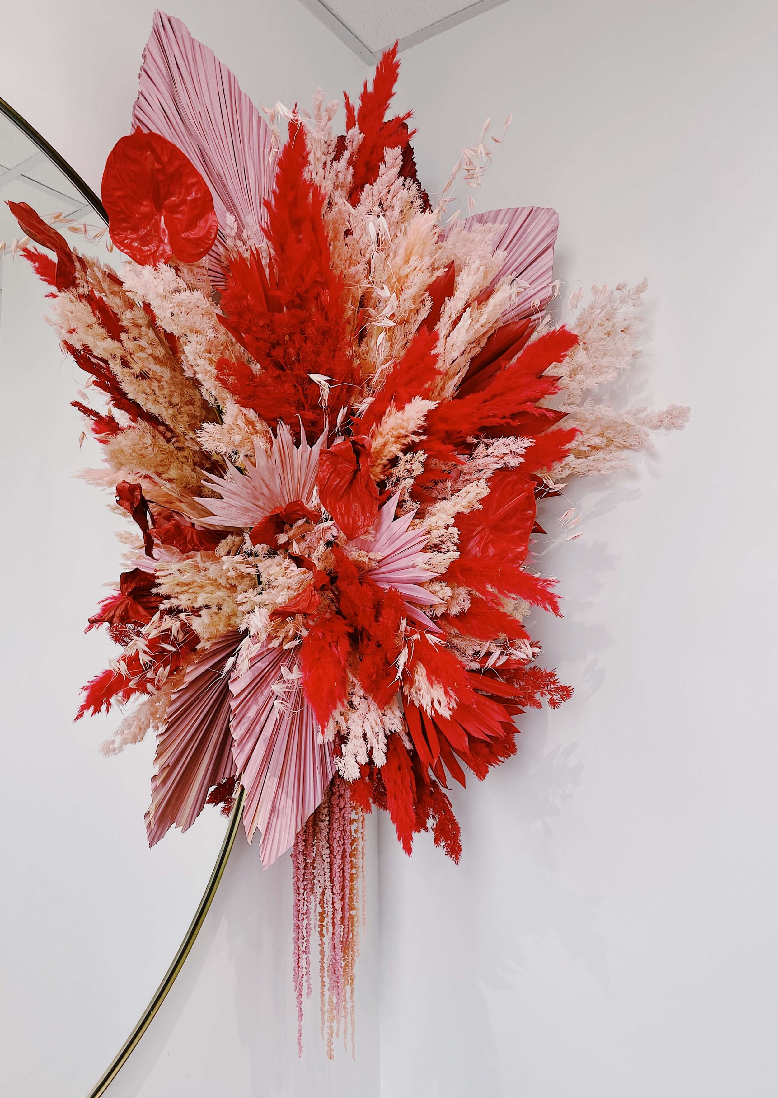 Pink and Red Dried Floral Hanging Installation
