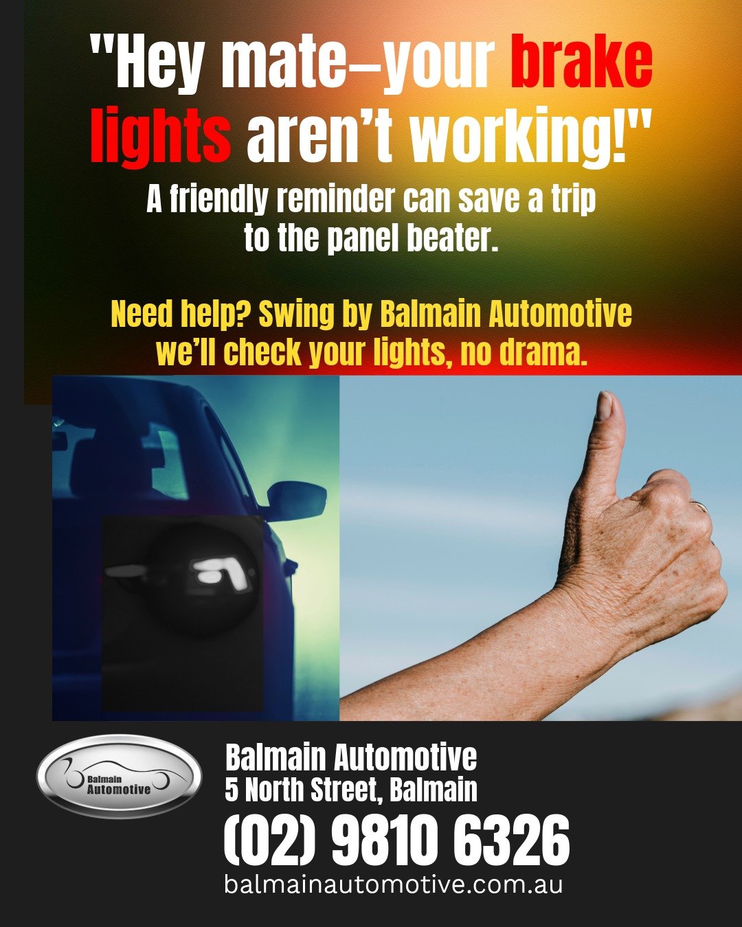 🚗 Looking Out for Each Other on the Road 👋
You wouldn&rsquo;t know your brake lights are out&hellip;
Until someone flashes their high beams.
Honks at the lights.
Winds down their window to yell:
&ldquo;Hey mate &mdash; your brake lights aren&rsquo;
