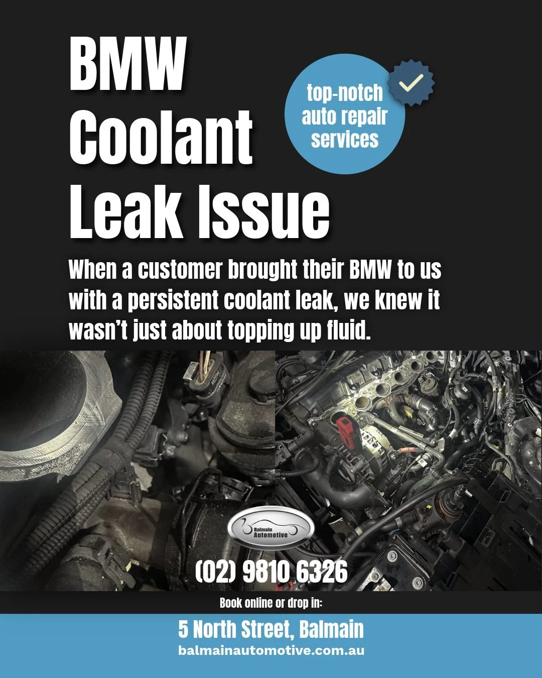🚘 BMW Coolant Leak? Precision Matters.

When a customer brought their BMW to us with a persistent coolant leak, we knew it wasn&rsquo;t just about topping up fluid. Coolant leaks can signal serious engine issues if not addressed properly.

At Balmai