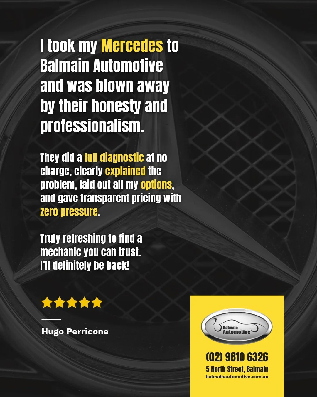 Trust means everything. ⭐⭐⭐⭐⭐
We love hearing feedback like this from our customers. Clear communication, no pressure, and taking the time to explain your options is what we aim for every visit.

Thanks for trusting Balmain Automotive with your Merce