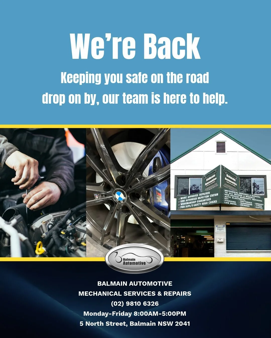 We&rsquo;re back on deck!

After the holiday break, our team is ready to keep you safe on the road in 2026. If your car needs a service, check-up or repair, we&rsquo;re here to help.

BOOKINGS NOW OPEN
Balmain Automotive 🚗
(02) 9810 6326
Monday-Frid
