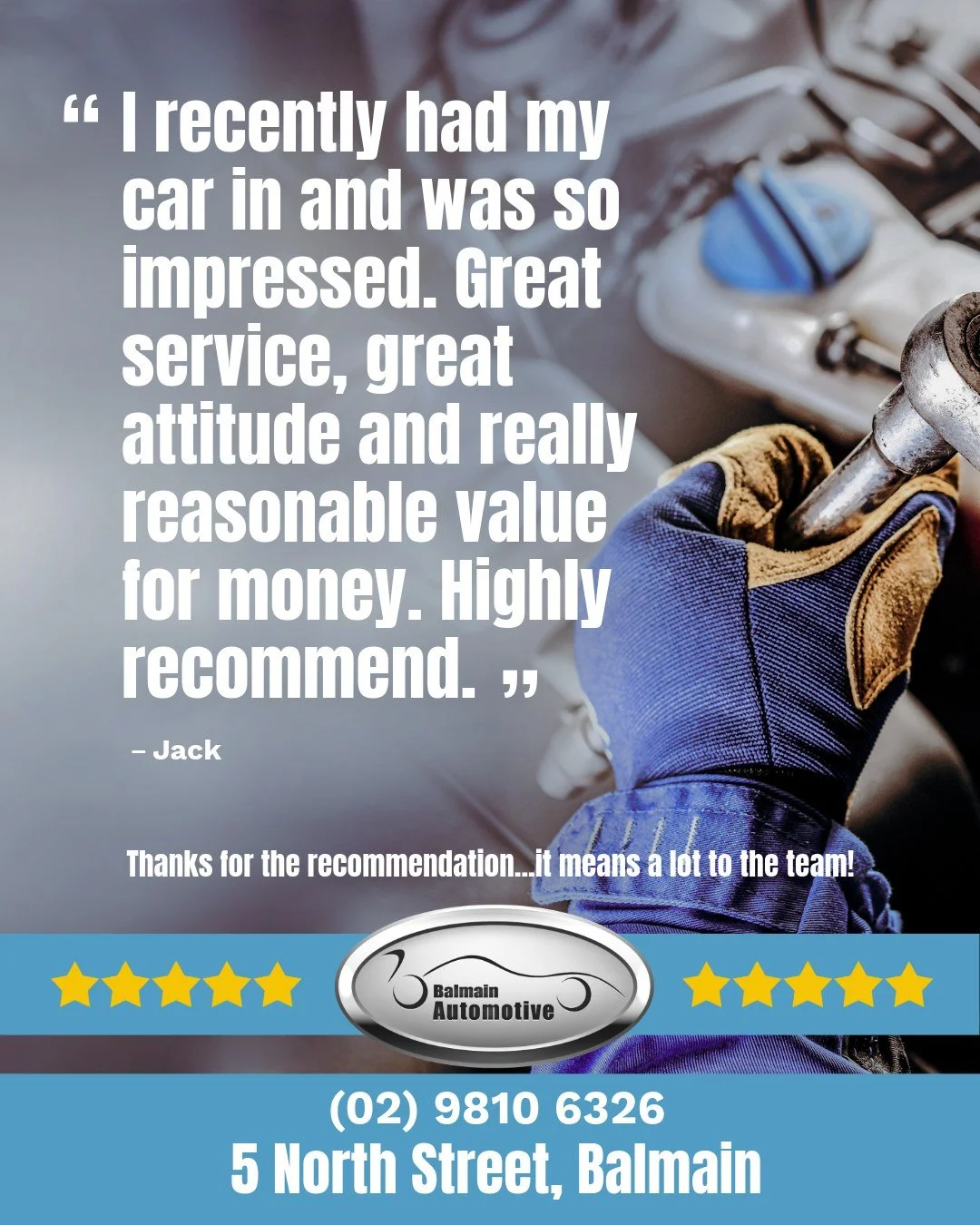Great service. Great attitude. Great value. ⭐⭐⭐⭐⭐

We love hearing feedback like this from our customers. It&rsquo;s what we aim for every time, straightforward service, a friendly approach and fair pricing.

Thanks for the recommendation Jack, it me
