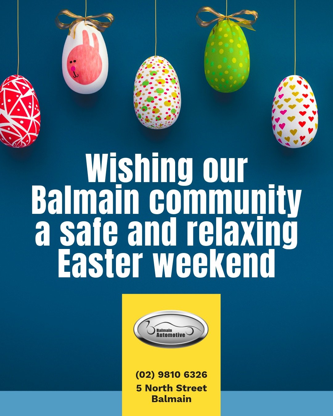 Wishing our Balmain community a safe and relaxing Easter weekend 🐣

Whether you&rsquo;re spending it with family, friends, or enjoying some quiet time, we hope it&rsquo;s a good one. Take care on the roads and enjoy the break.

Happy Easter from all