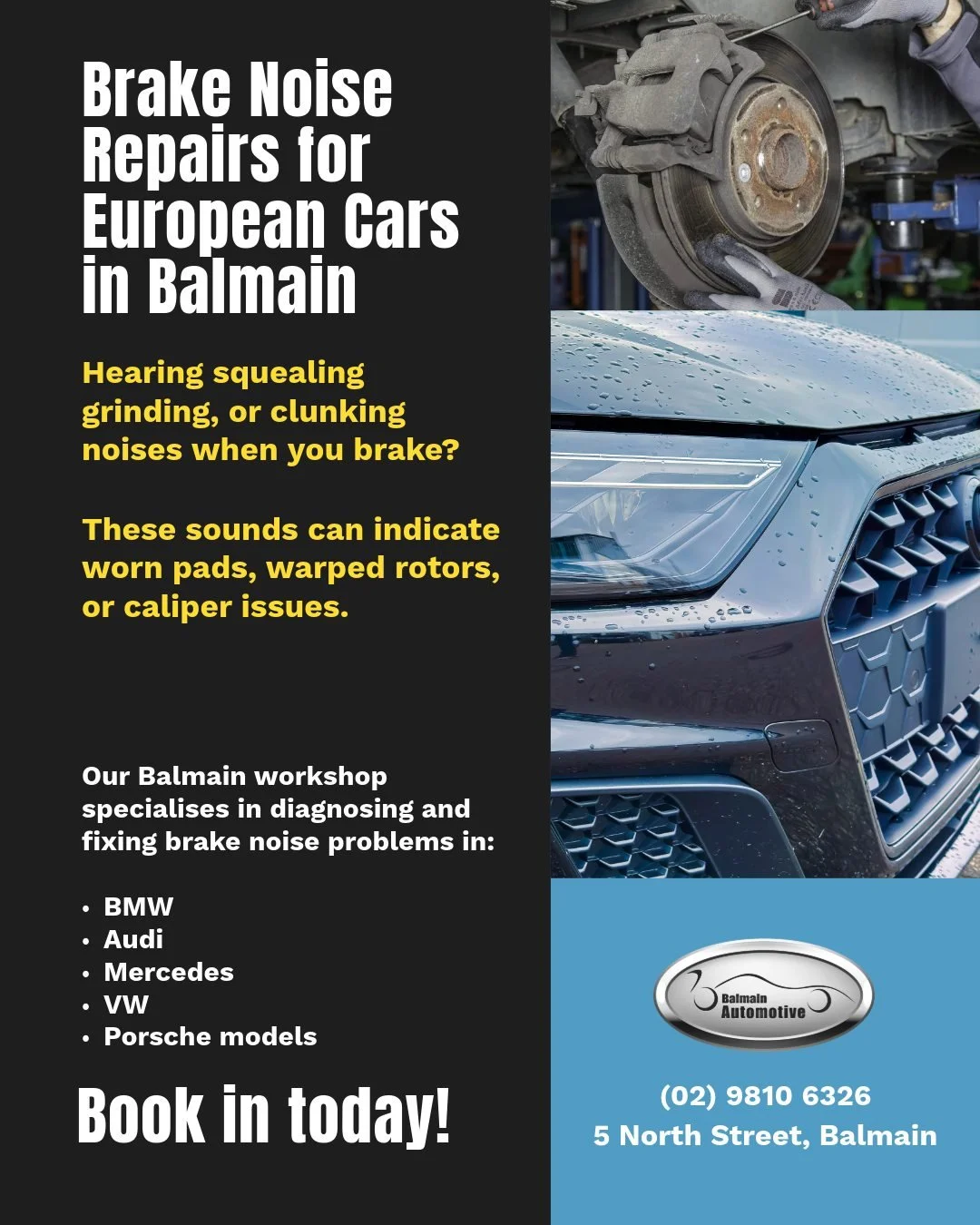 European Cars: Hearing strange brake noises? Don&rsquo;t ignore them. 🚗🔧

Squealing, grinding, or clunking when you brake can be a sign that something needs attention, from worn brake pads to warped rotors or caliper issues.

At Balmain Automotive,