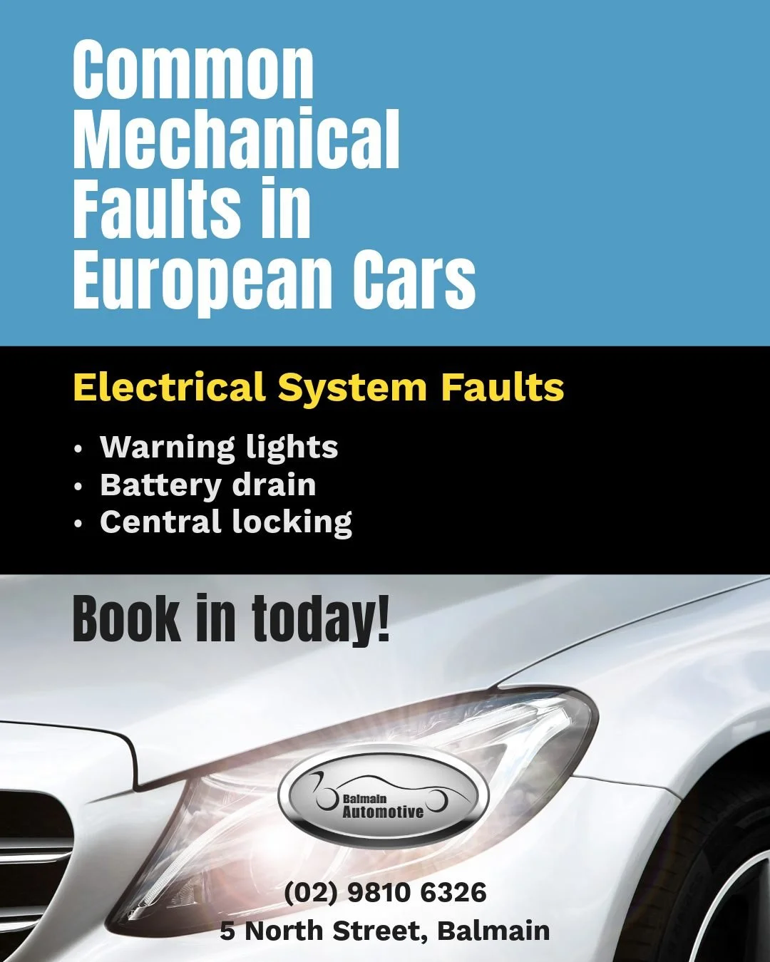 Electrical System Faults in European Cars ⚡🚗

Modern European vehicles are packed with advanced technology which also means there&rsquo;s more that can sometimes go wrong.

Some common electrical issues we see include:

&bull; Warning lights for ABS