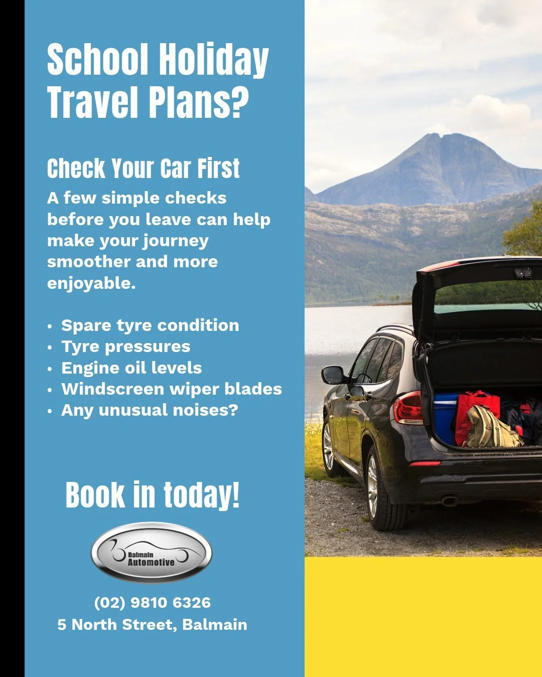 School Holidays Are Here &ndash; Is Your Car Ready? 🚗☀️

Heading away these school holidays?

Before you hit the road, it's worth checking a few basics:

&bull; Spare tyre condition and pressure
&bull; Tyre pressures and tread wear
&bull; Engine oil