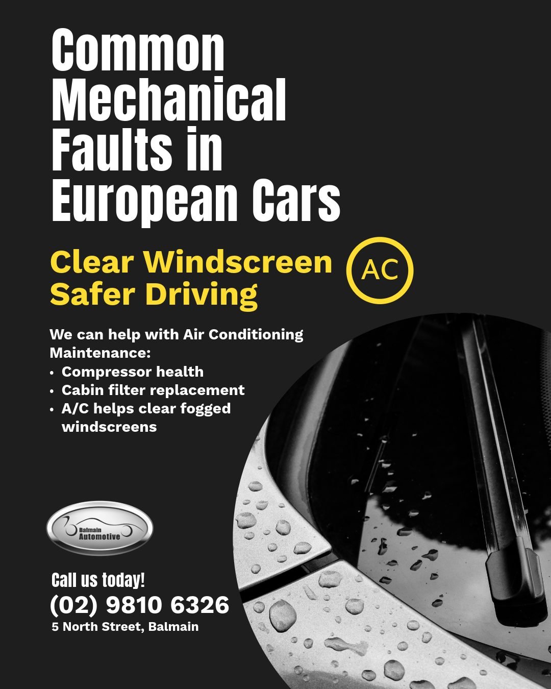 Is your air conditioning working as it should? ❄️🚗

When the weather turns cooler, many drivers stop thinking about their air conditioning, but it's one of the quickest ways to clear a fogged-up windscreen and improve visibility.

Your vehicle's air