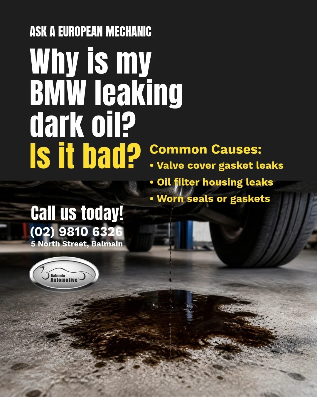 ASK A EUROPEAN MECHANIC 🔧🇪🇺

Why is my BMW leaking dark oil? Is it bad?

Avoid leaving those little dark oil stains all over the pristine concrete car park at home or at work! 😬

If you've started noticing spots underneath your BMW, it could be m