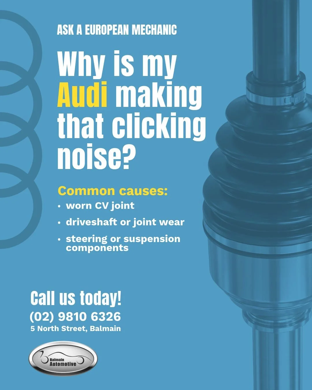 ASK A EUROPEAN MECHANIC 🔧

Why is my Audi making a clicking noise when I turn? 🚗

That clicking sound when you're turning into a car park, reversing out of a driveway or making a tight turn can be a sign that something in your Audi's steering or dr