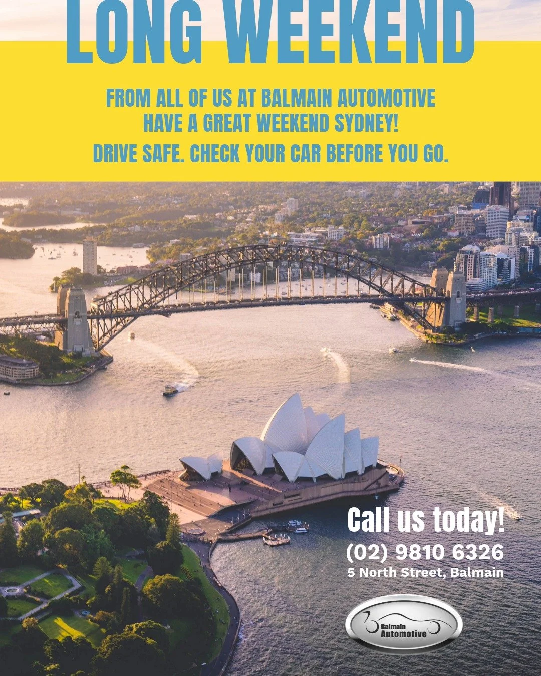 LABOUR DAY LONG WEEKEND 🚗☀️

A long weekend is here and a good excuse to slow down, catch up with family and friends, enjoy a little time off and, for many of us, get out on the road.

Whether you're staying around Sydney, heading down the coast or 
