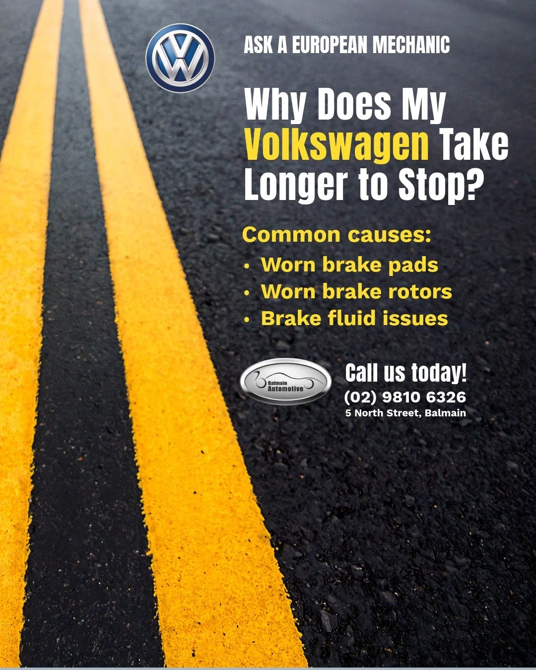 ASK A EUROPEAN MECHANIC 🚗
Why Does My Volkswagen Take Longer to Stop?

If your Volkswagen doesn&rsquo;t feel like it&rsquo;s stopping as quickly or confidently as it used to, don&rsquo;t ignore it.

Common causes can include:

- Worn brake pads
-  W