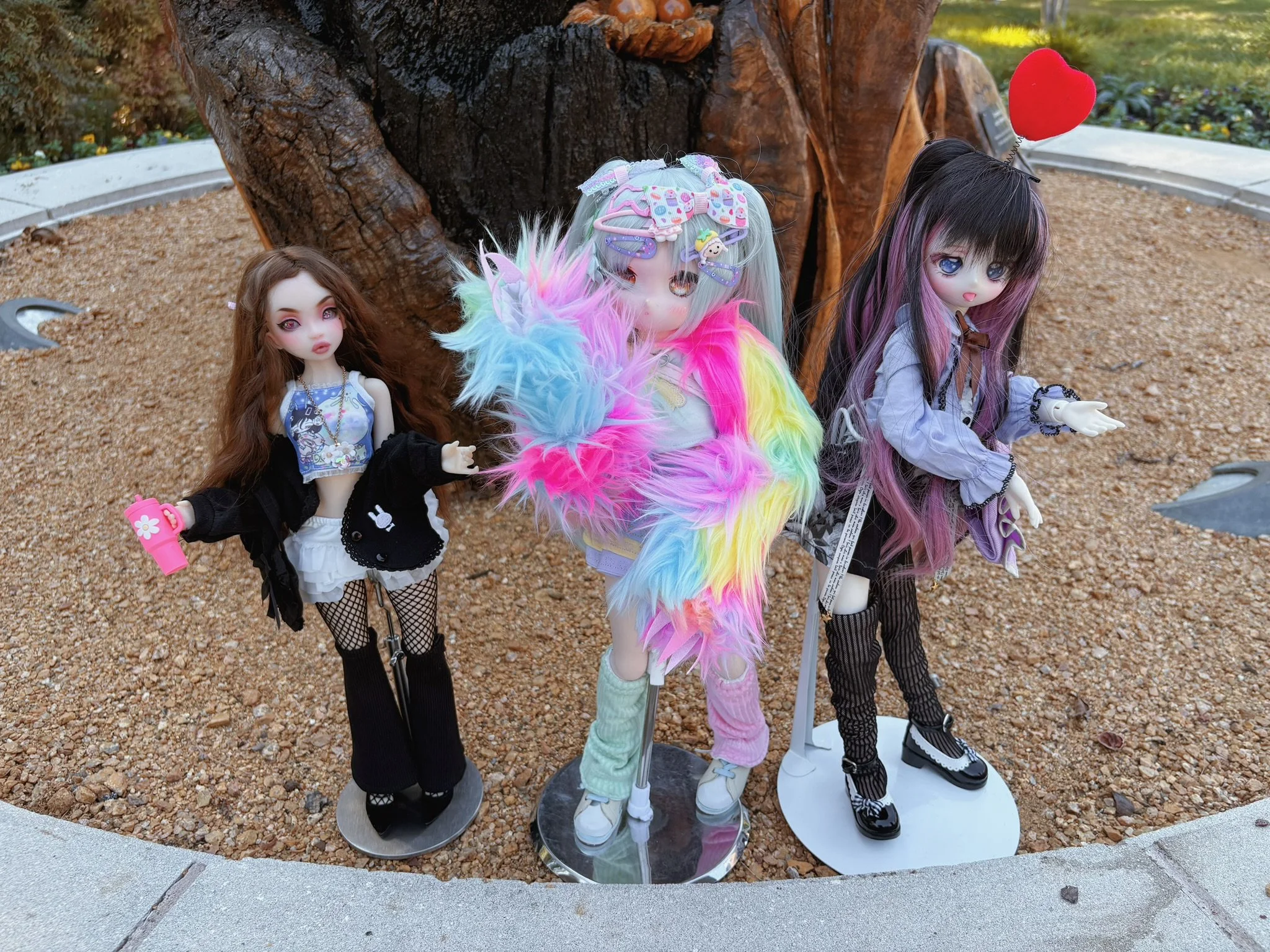 Three kawaii J-fashion styled custom OOAK BJDs ball jointed dolls at the park