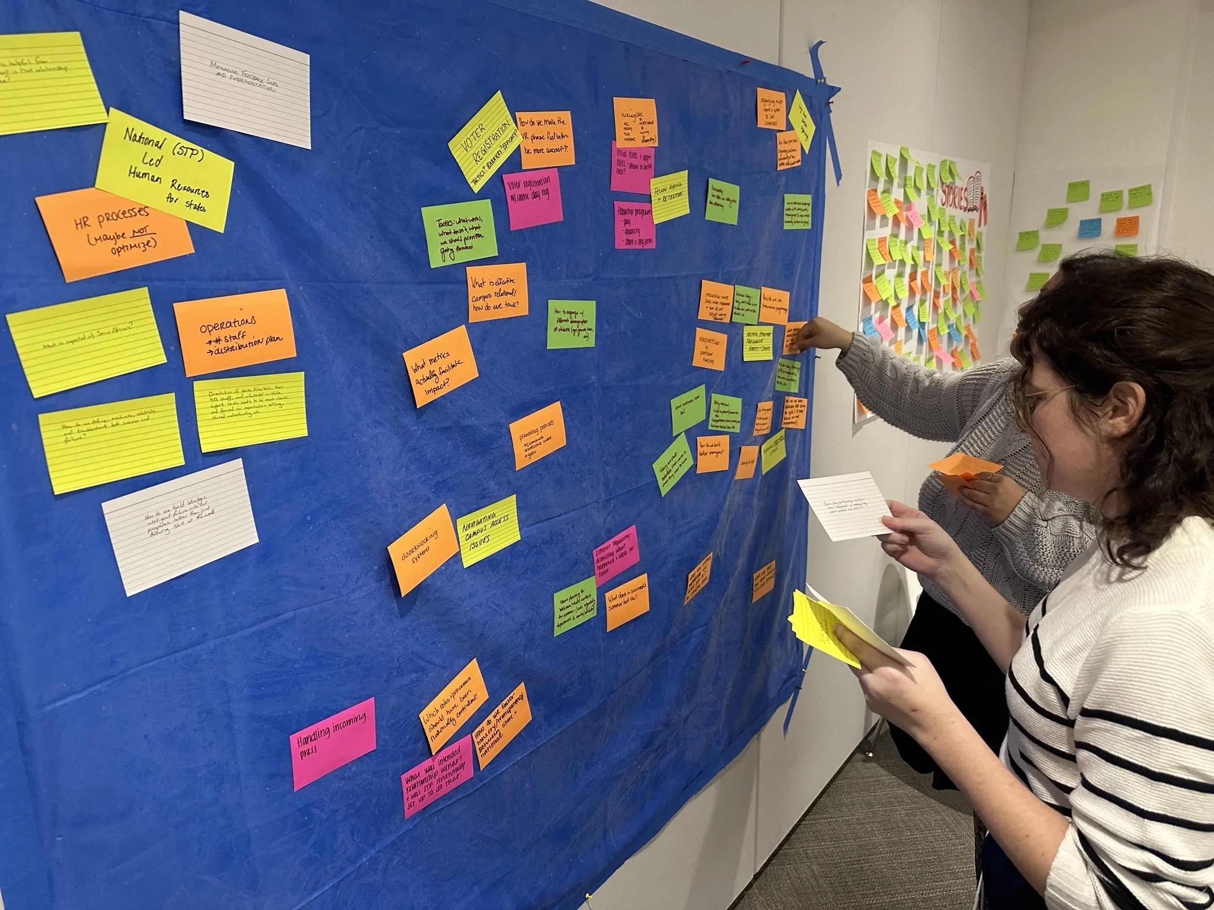 Participants brainstorm ideas on colorful post-its and stick them to a blue sticky wall.