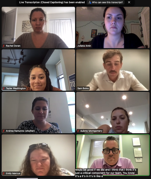 Kinship coach Jules facilitates a small group session on Zoom.