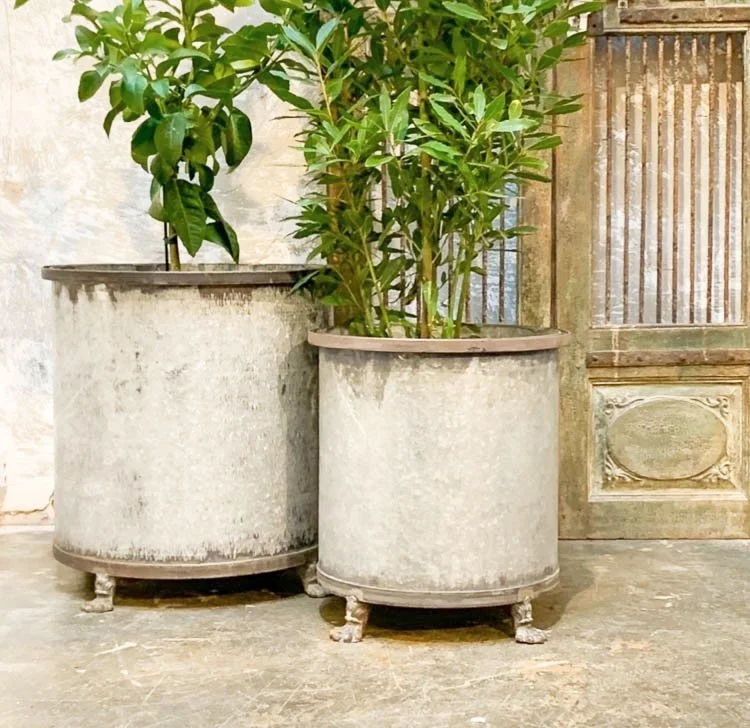 Large round metal vintage planter — Marigold Interiors