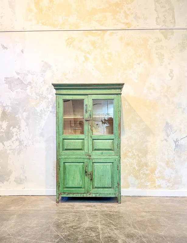 Vintage Wooden Green Display Cabinet with Glass Doors