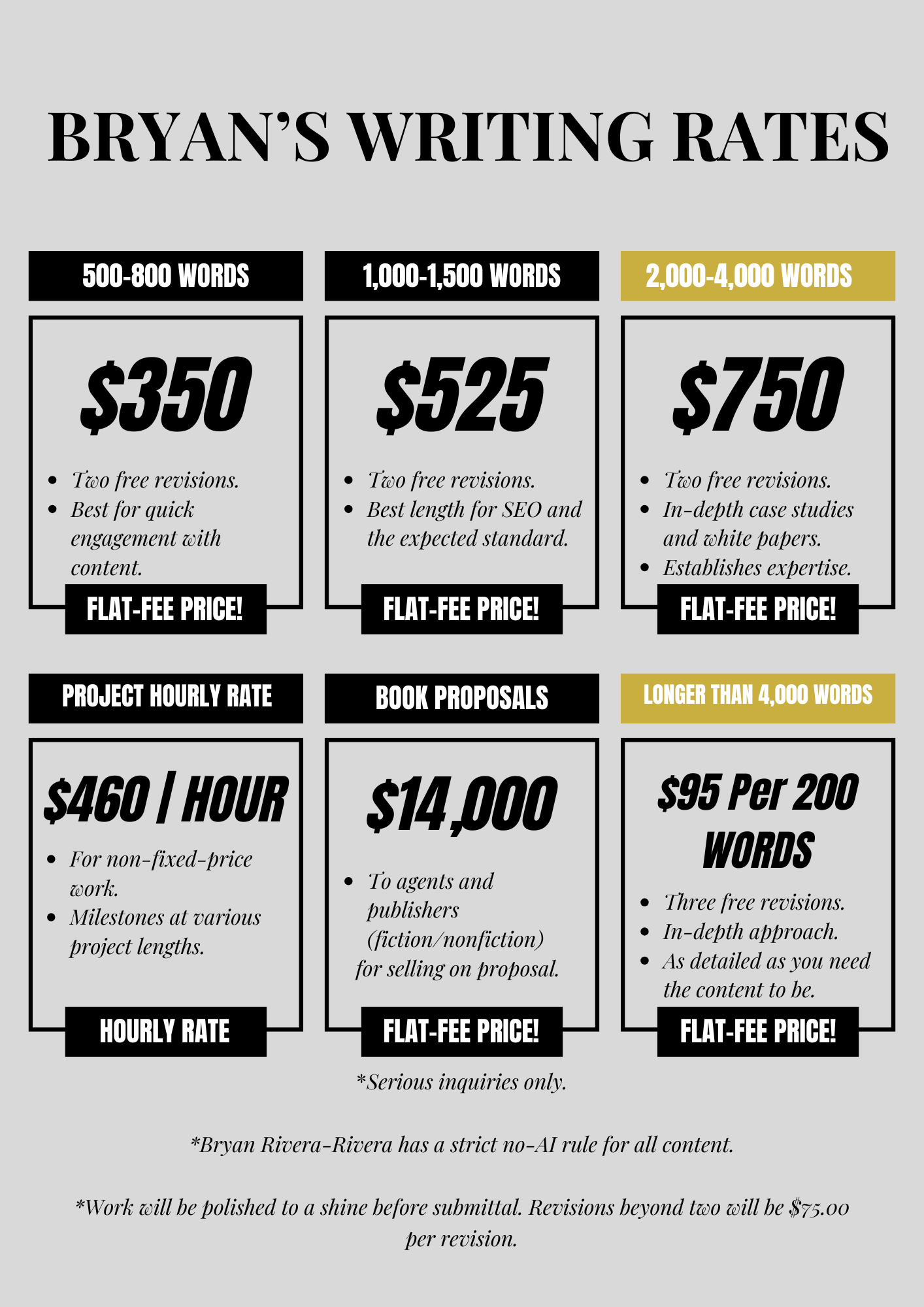 Bryan Rivera-Rivera's ghostwriting freelance pricing chart for writing services, showing different rates based on word count and other factors, with notes about revisions and project types.