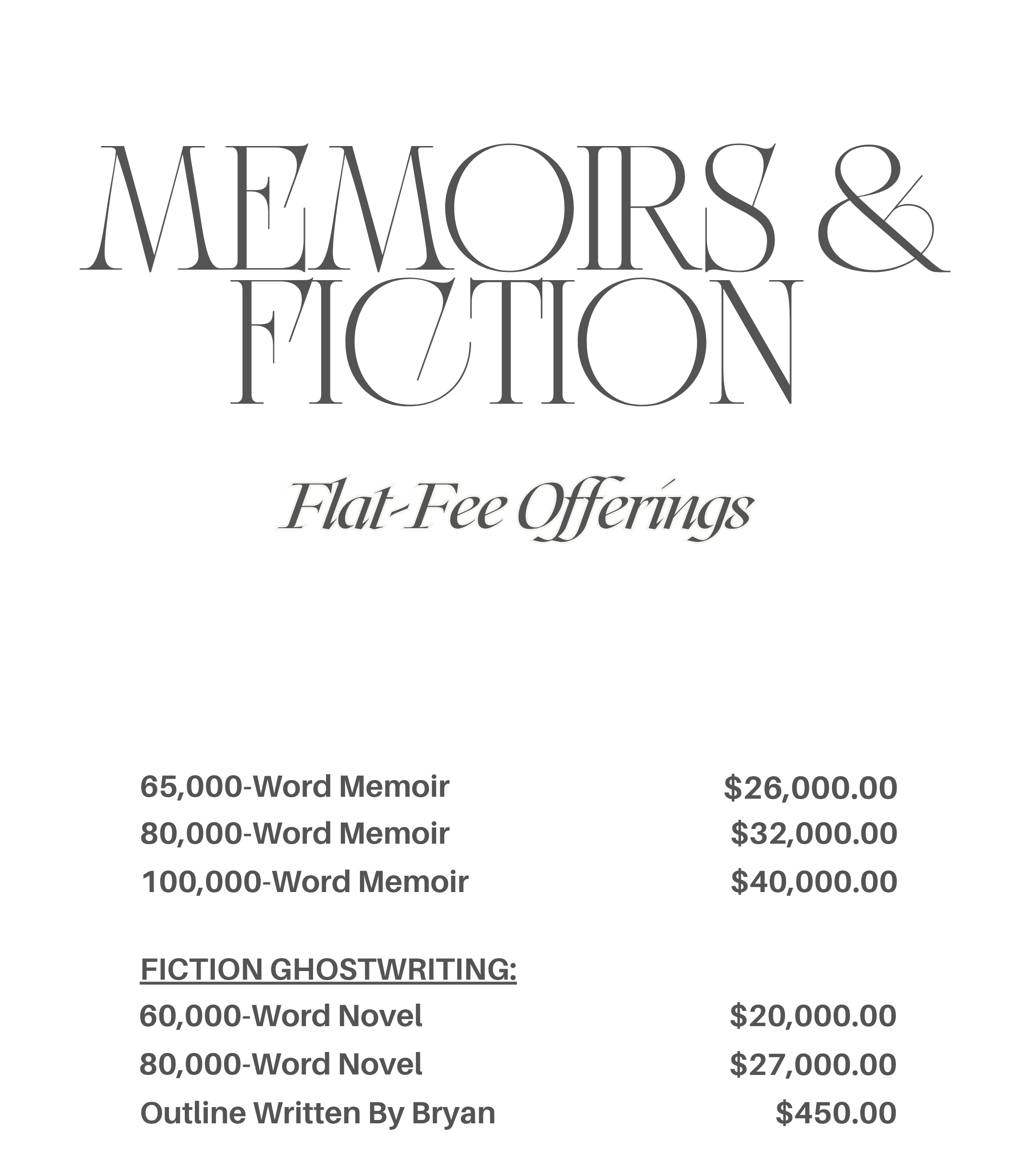 Text-based advertisement for writing services listing various memoir, fiction, and outline options with prices.