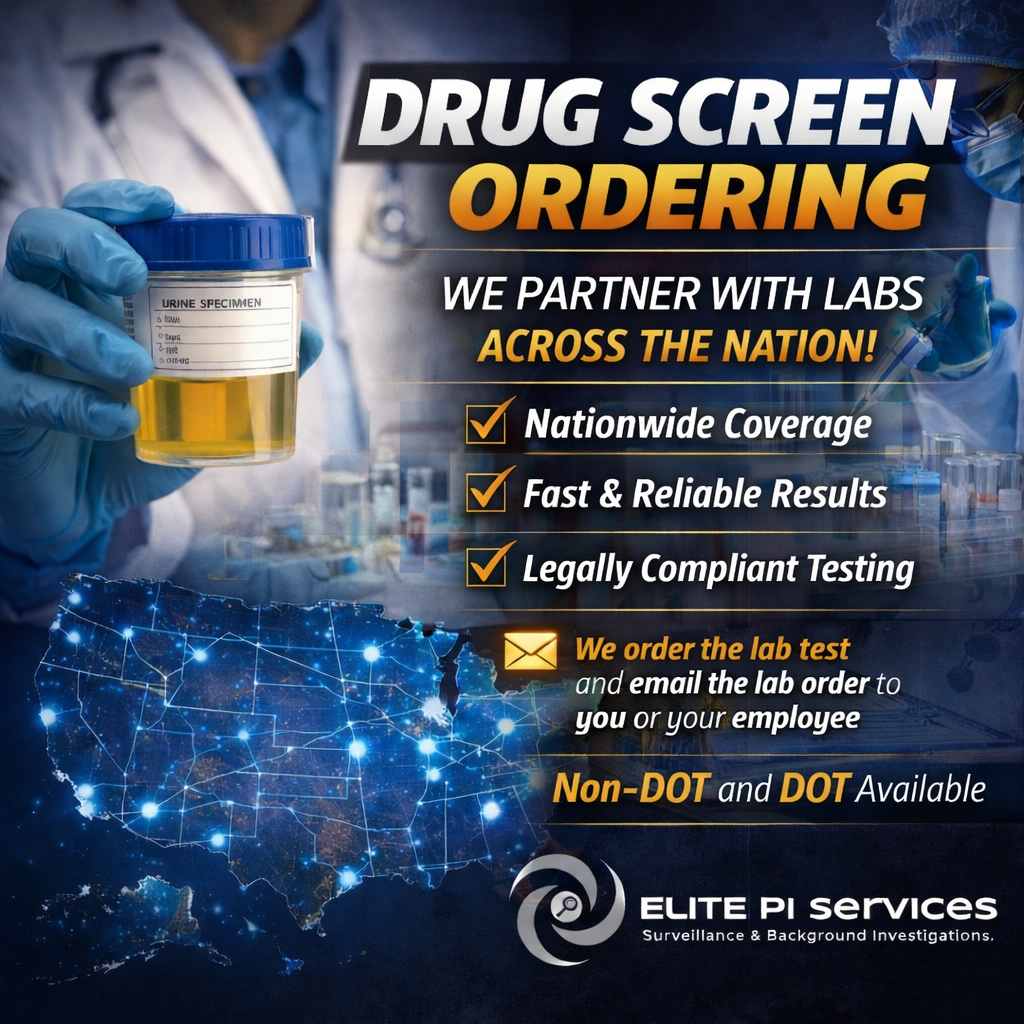 A digital graphic advertisement for drug screening services by Elite PI Services, featuring a healthcare professional holding a urine test specimen and outlining nationwide coverage, fast results, and legal compliance, with an illuminated map of the United States in the background.