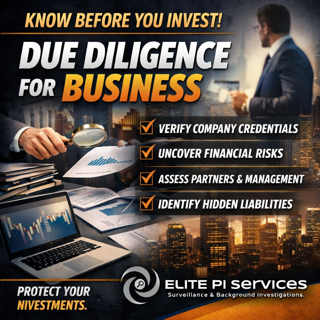 Business professionals discussing due diligence for investments with checkmarks listing verifying credentials, uncovering risks, assessing partners, and identifying liabilities, with a city skyline background.