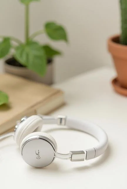 White over-the-ear headphones laying on a table