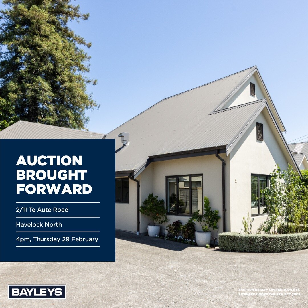A U C T I O N  B R O U G H T  F O R W A R D

The Auction for 2/11 Te Aute Road, Havelock North will now take place 4pm, Thursday 29th February at our Havelock North office (17 Napier Road, Havelock North). 

You can view the listing here: www.bayleys