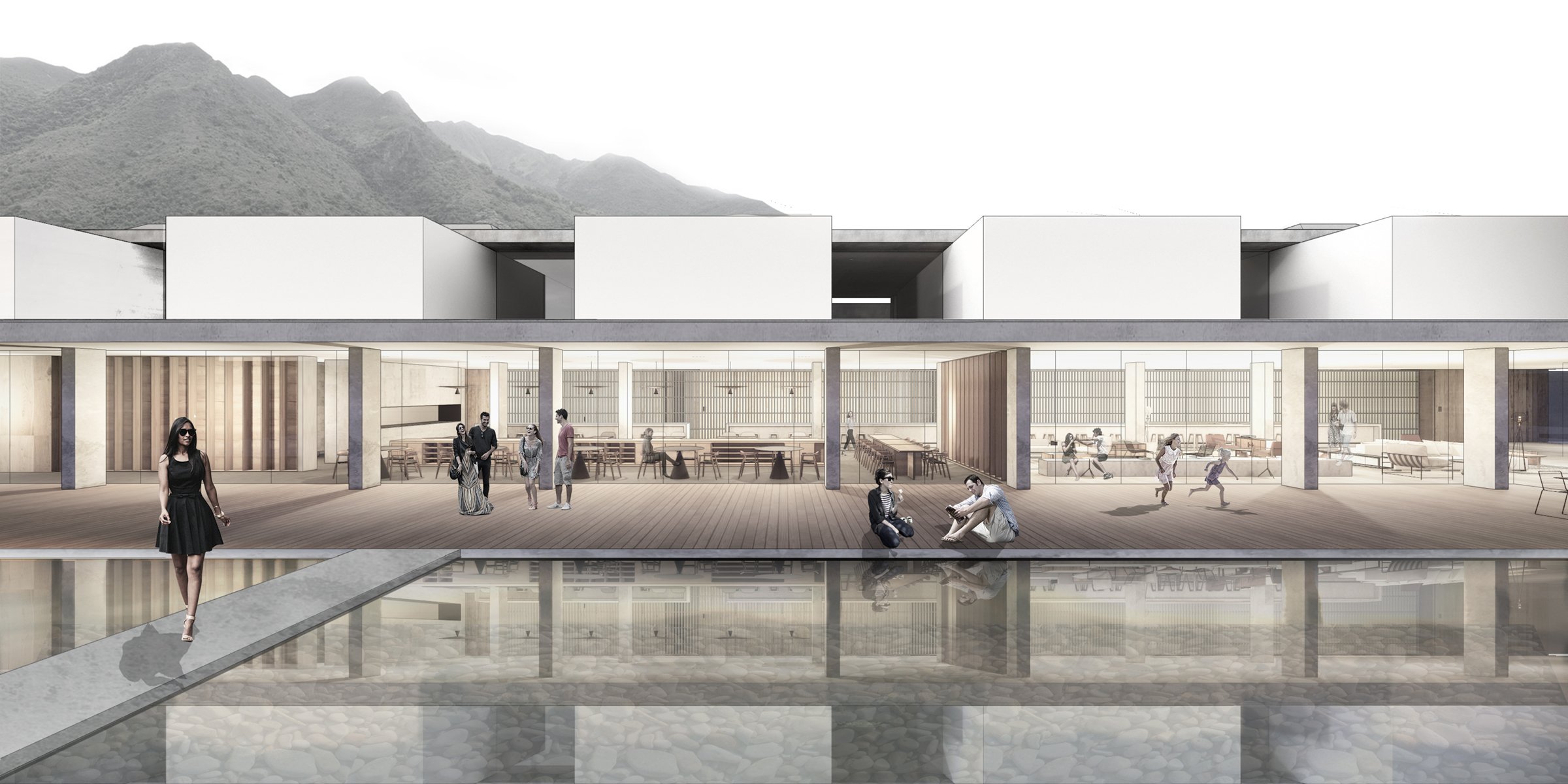 The project of boutique hotel set-up on a long plot between the river and mountains works on the ideas of privacy, seen and unseen. Located along the main road leading to the mountain, the hotel offers a totally opaque façade to protect the hotel