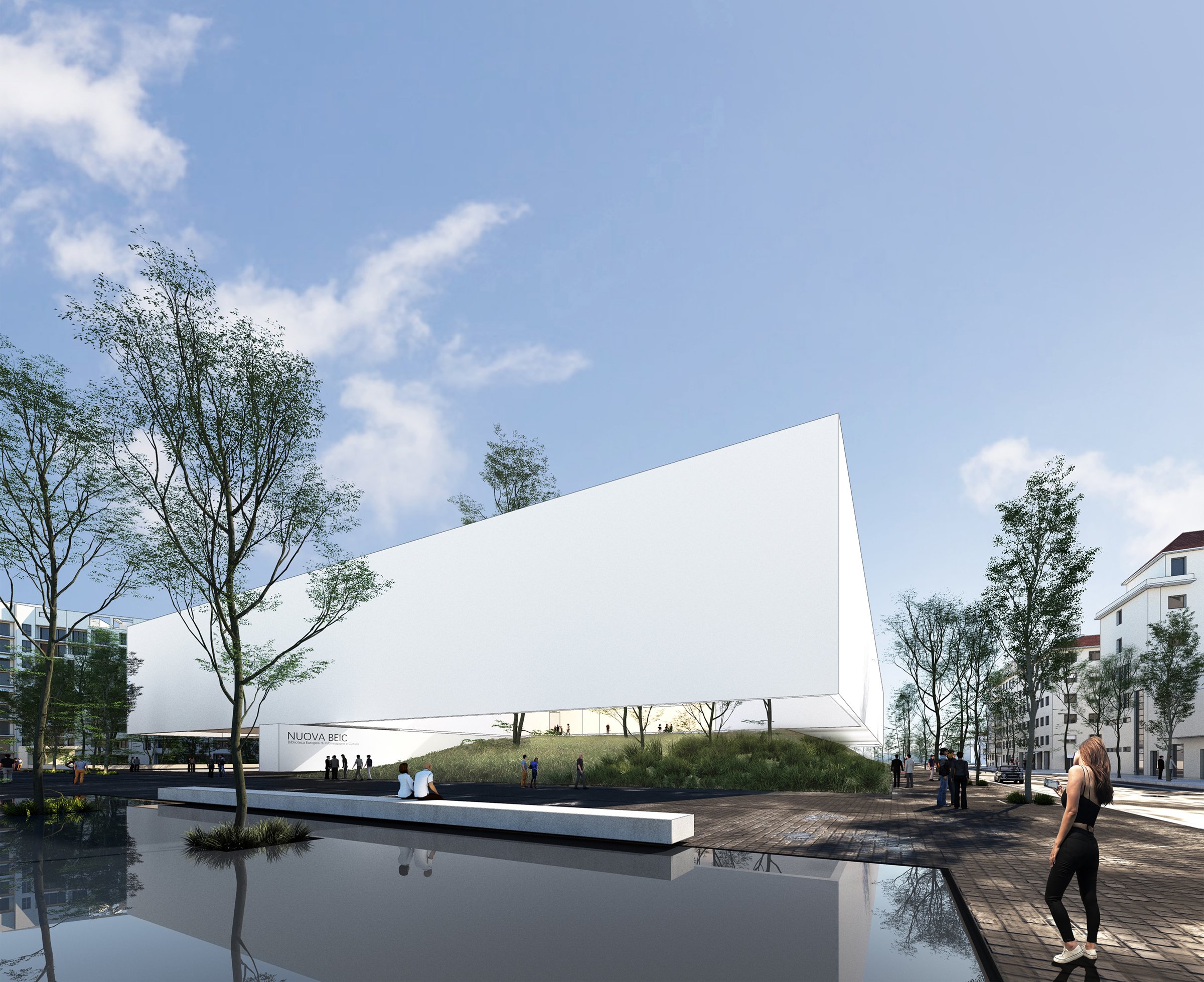 In the east part of Milan, the site of the project is located in the middle of a system of parks. The project, takes the form of a monolithic white volume, an abstract architecture that belongs more to the park than to the urban fabric. The volum