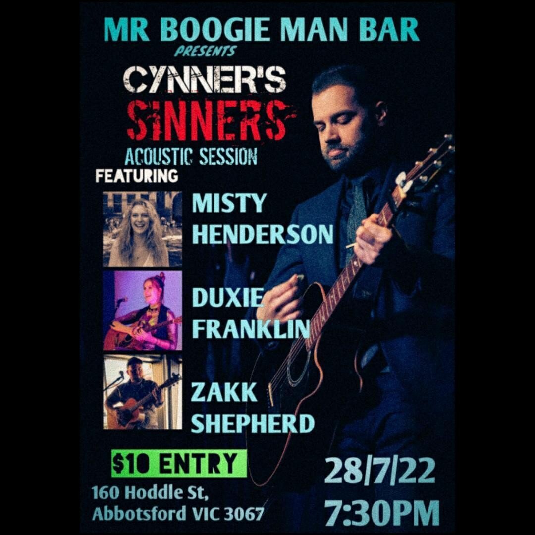 Next week on Thursday night, I'll be playing at Cynner's Sinners @mrboogiemanbar! Here's all tha deets duxlings...
@zakshepherdofficial @mistyhendersonmusic
@mattcynner
Doors from 7pm, $10.
Did I mention I will be playing BRAND NEW songs?!?!? 😮😍
