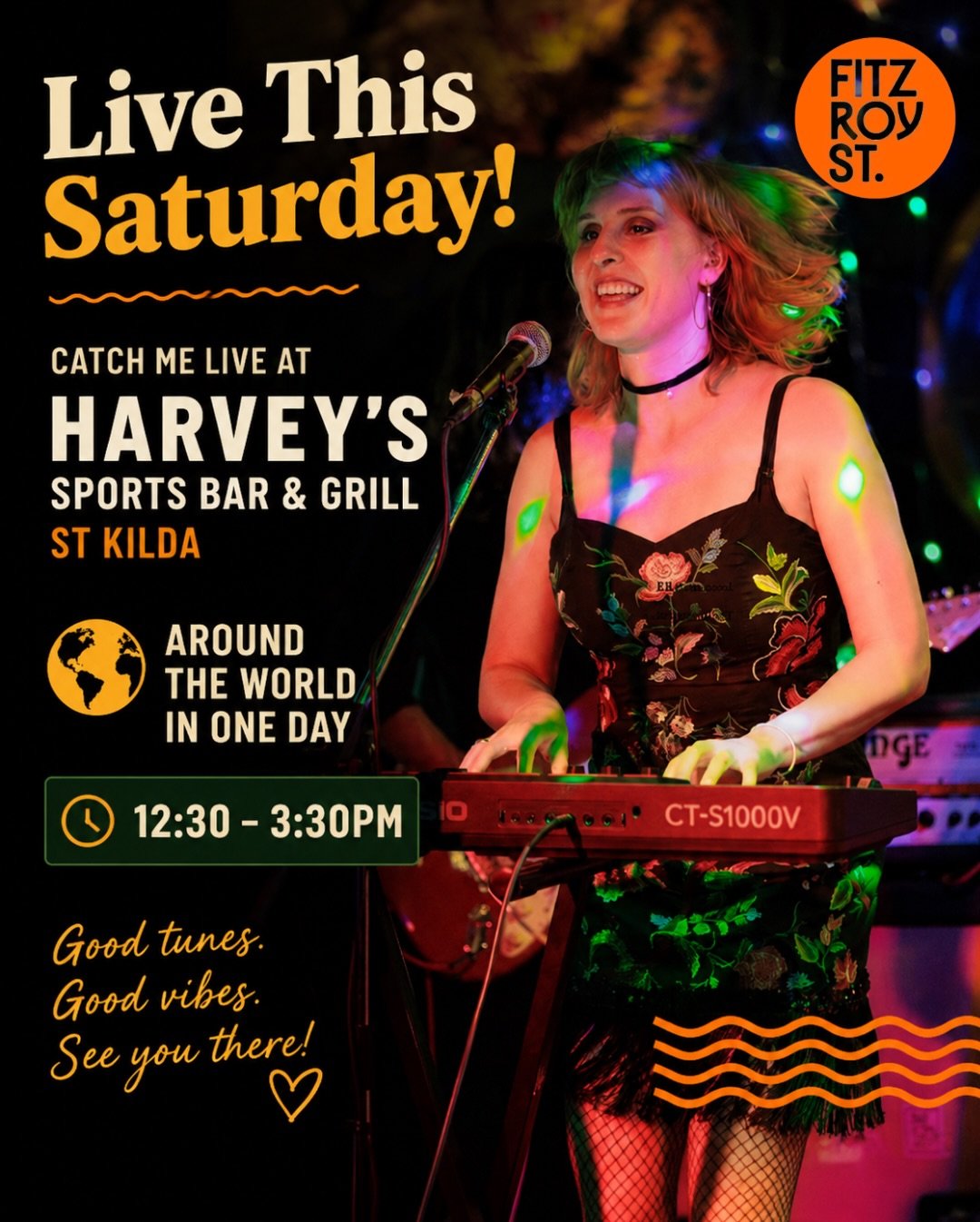 Gig announce! I&rsquo;m excited to be bringing the tunes to @fitzroyst_stkilda Around the World in One Day this Saturday, May 23. 🎤🌏

I will be on stage at @harveys_stkilda from 12.30&ndash;3.30pm!

This event is a celebration of the incredible foo