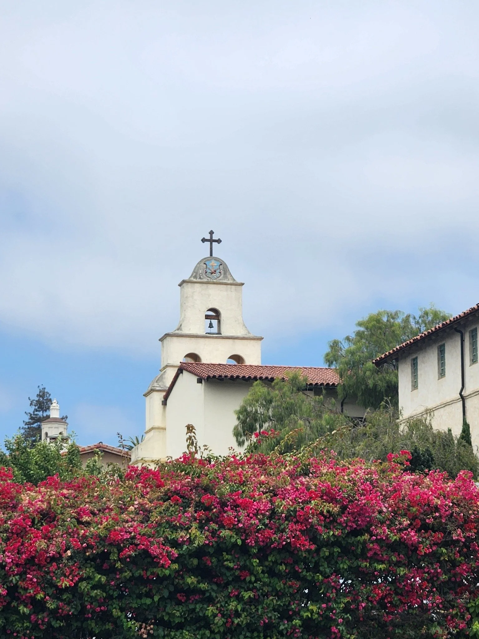 Bell tower and bougainvillea at the mission