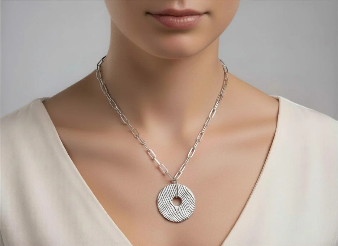 Double sided circle of the sea pendant in sterling silver