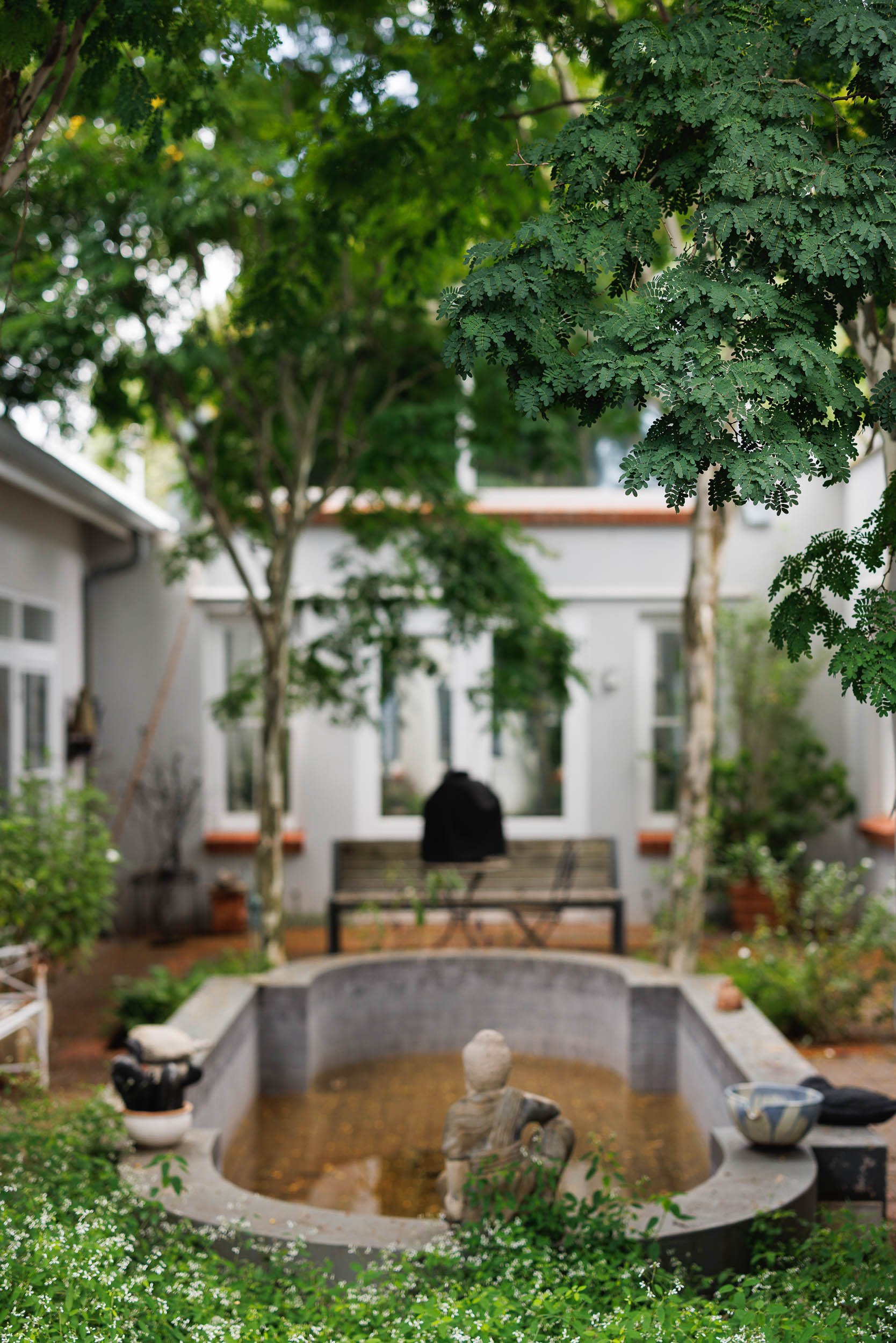 A backyard garden with a small fountain at the center surrounded by greenery, trees, and potted plants, with a house in the background.