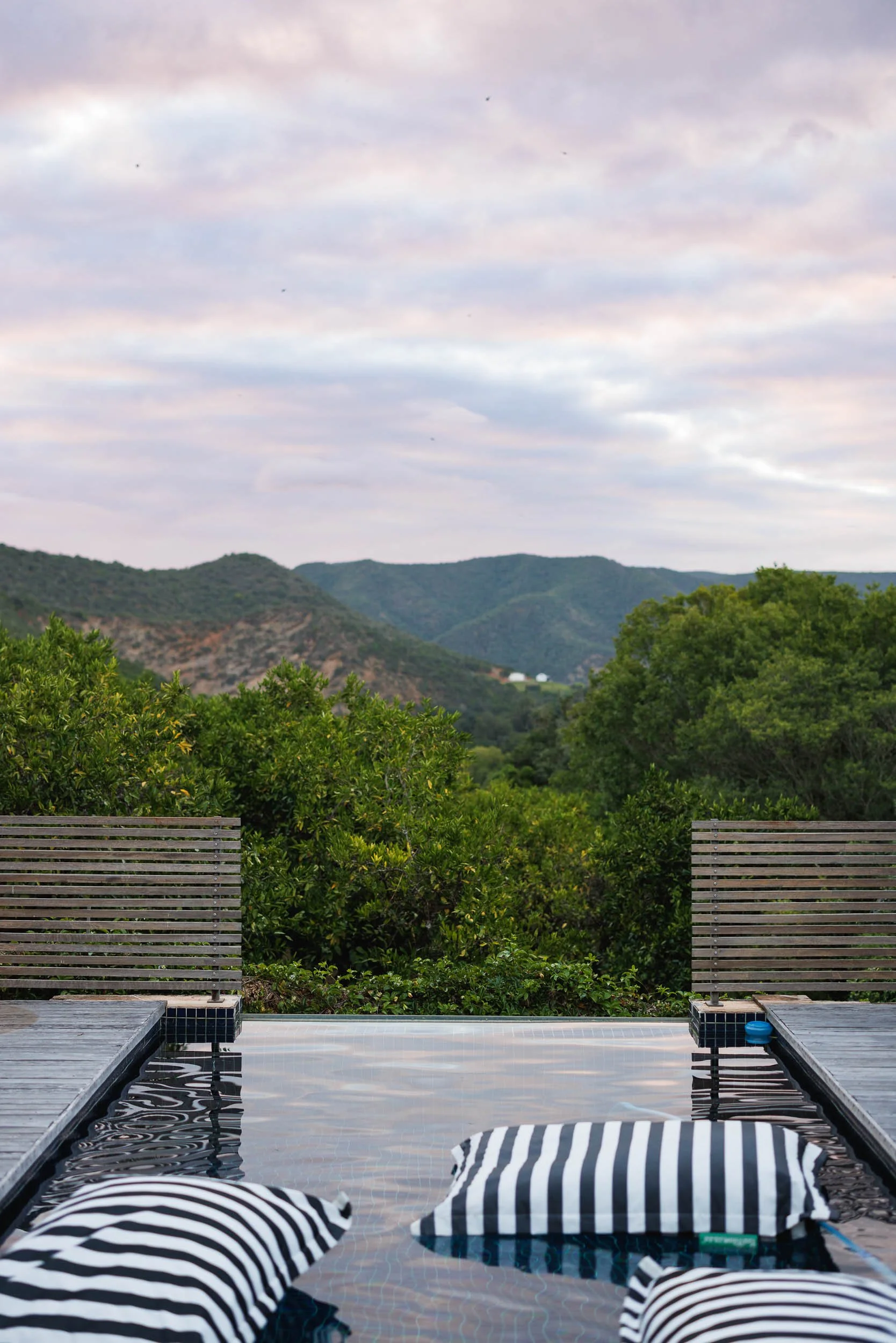 View of an outdoor swimming pool with two striped cushions on the edge, surrounded by lush green bushes and trees, with hills in the distance and a cloudy sky overhead.