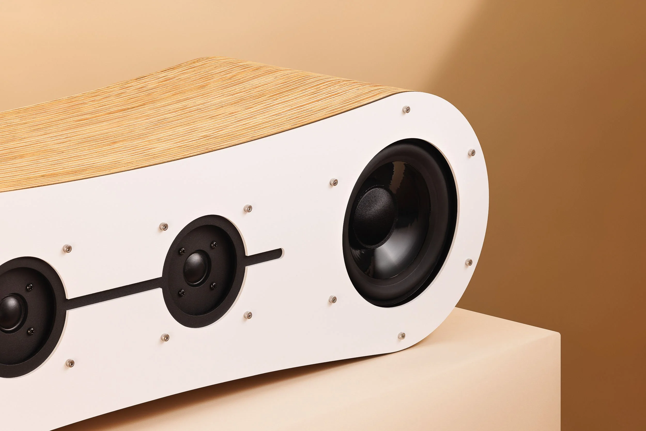 Fourier Acoustics desktop speaker detail showing white rounded baffle with woofer and tweeter drivers on plywood enclosure