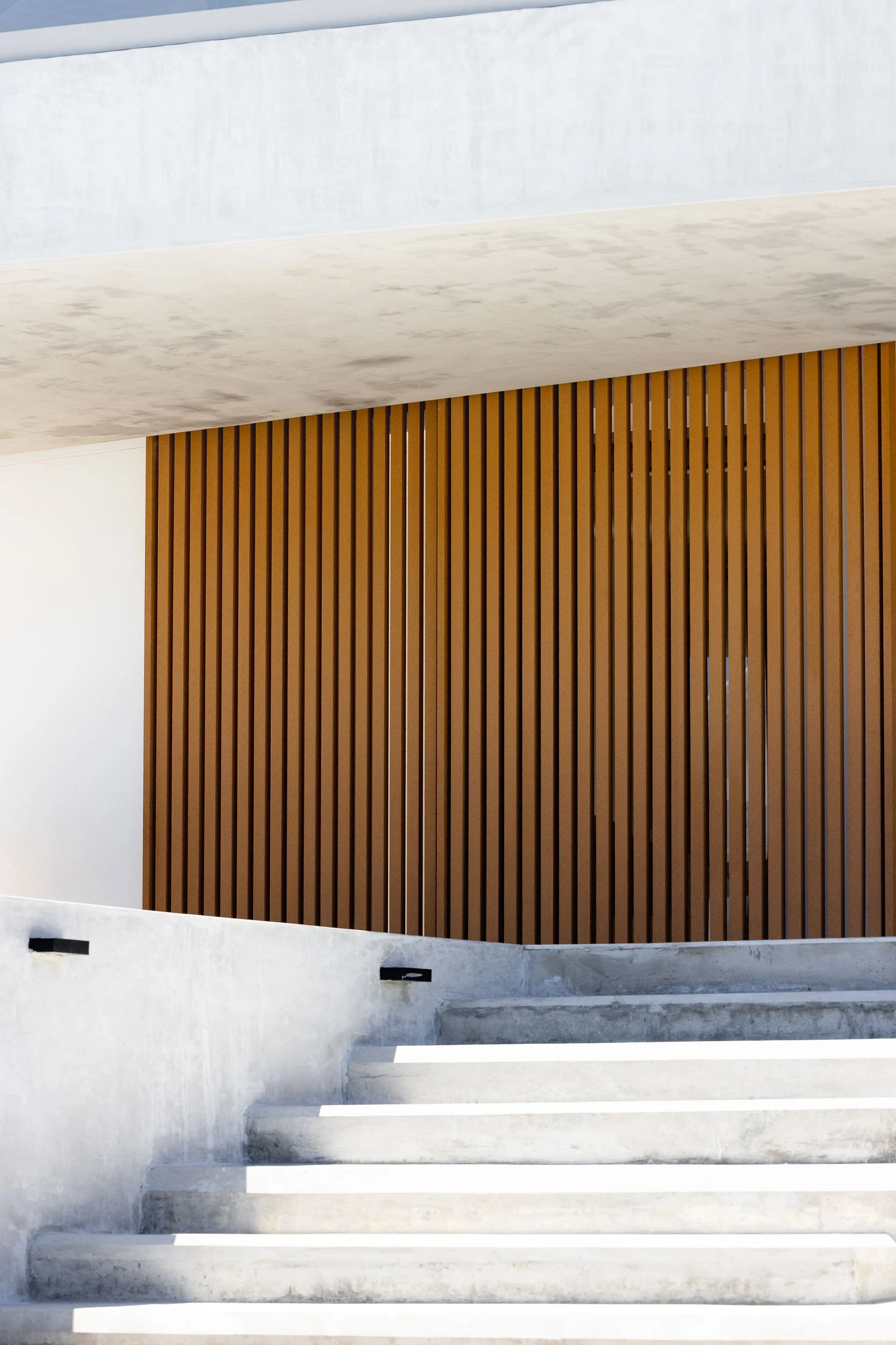 Concrete stairs rising toward large warm timber batten screen wall under exposed concrete soffit