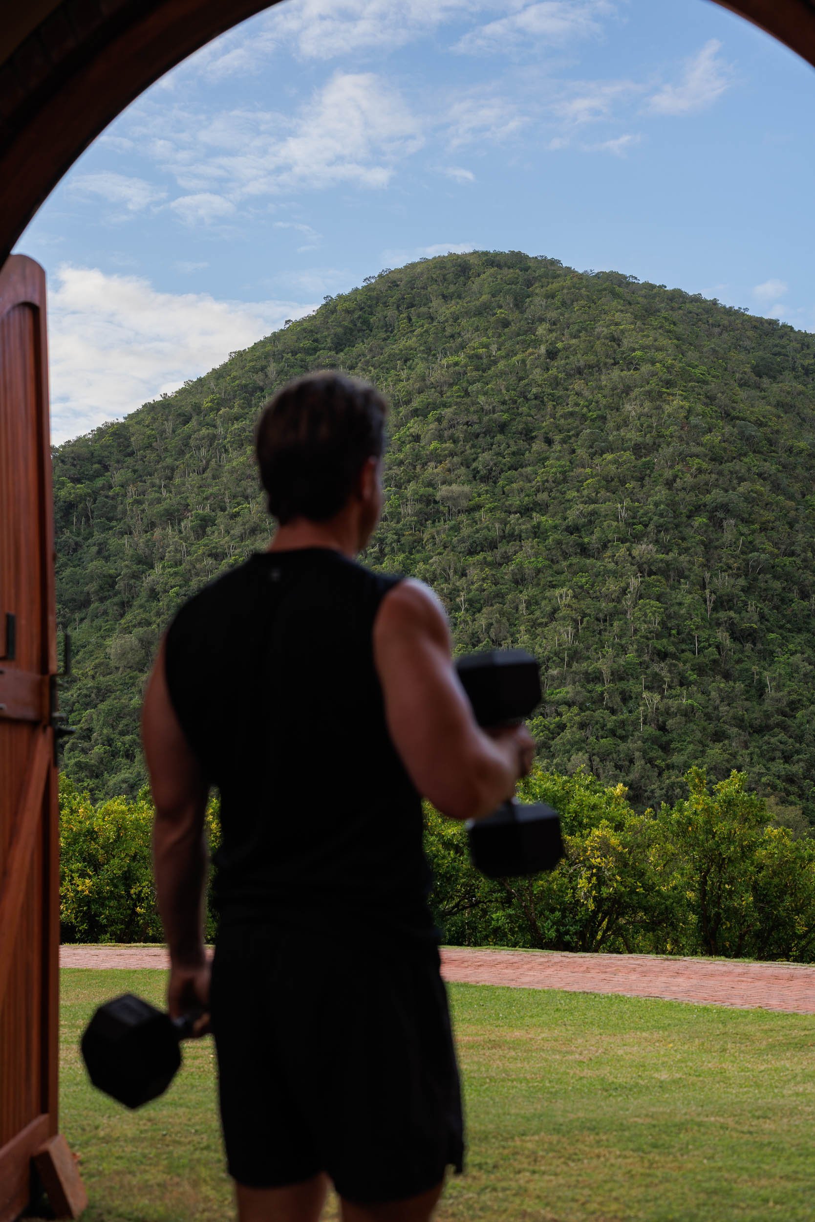 Person holding dumbbells in front of a green mountain landscape as seen through a wooden arch or frame.